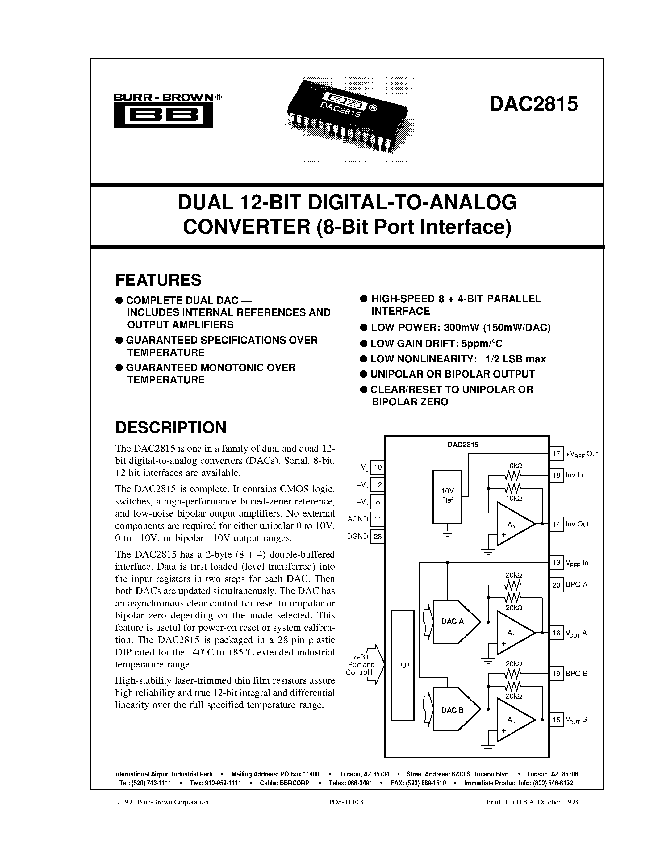Datasheet DAC2815 page 1 Datasheet DAC2815 - DUAL 12-BIT DIGITAL-TO-ANALOG CONVERTER 8-Bit Port Interface page 1