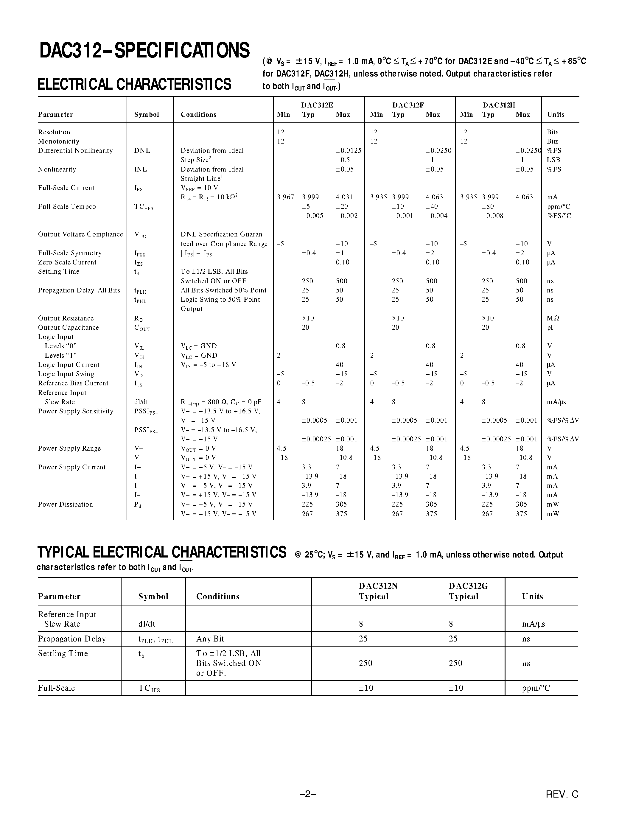 Datasheet DAC312BR/883 - 12-Bit High Speed Multiplying D/A Converter page 2