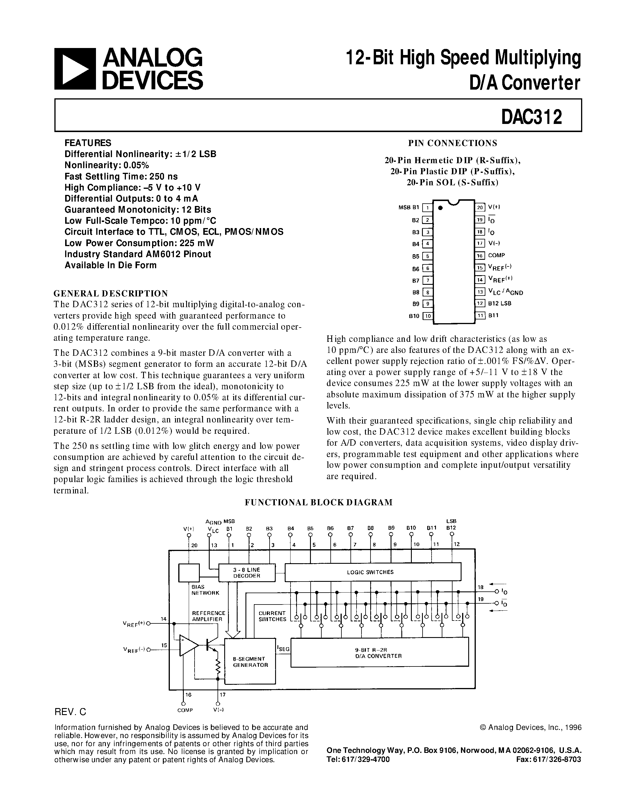 Datasheet DAC312ER - 12-Bit High Speed Multiplying D/A Converter page 1