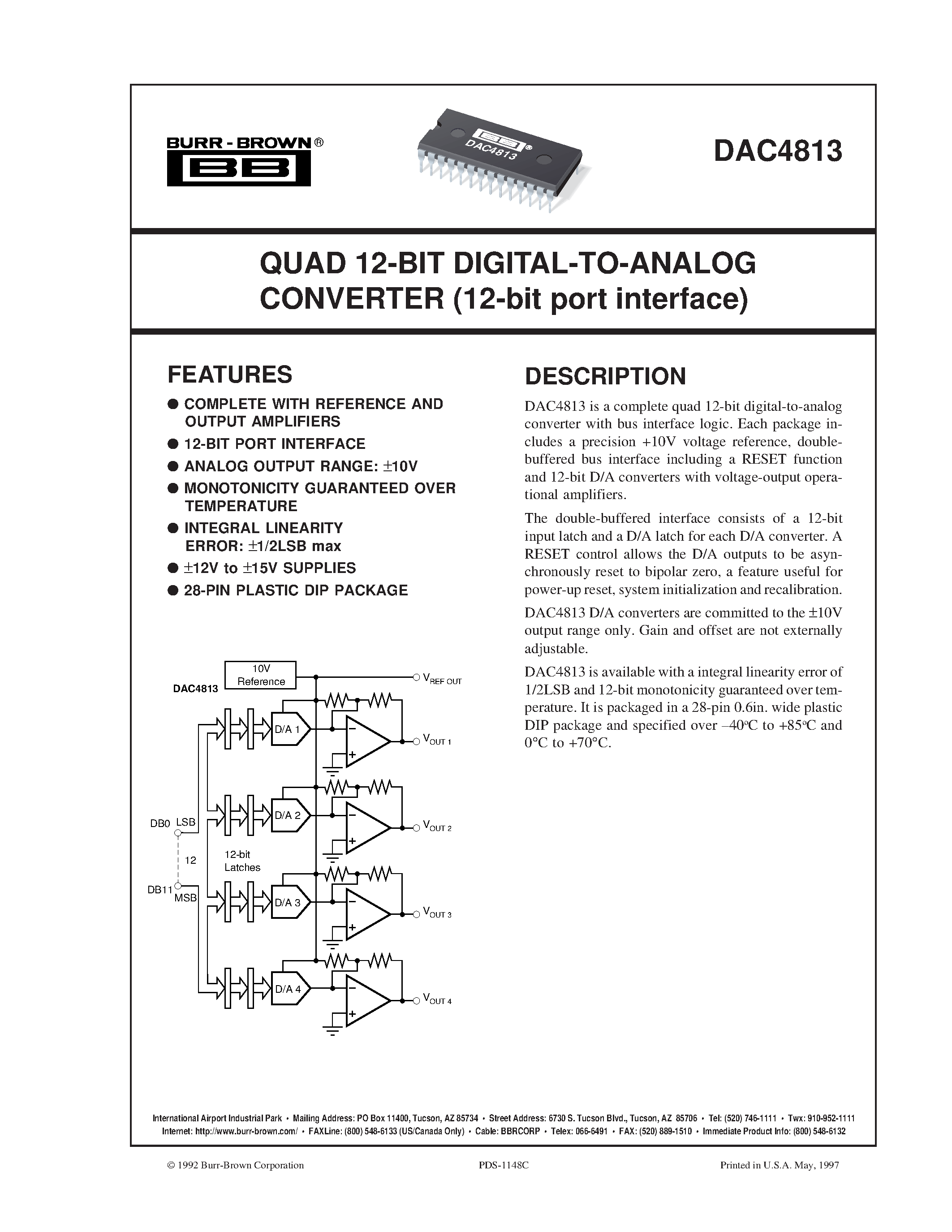 Datasheet DAC4813AP page 1 Datasheet DAC4813AP - QUAD 12-BIT DIGITAL-TO-ANALOG CONVERTER 12-bit port interface page 1