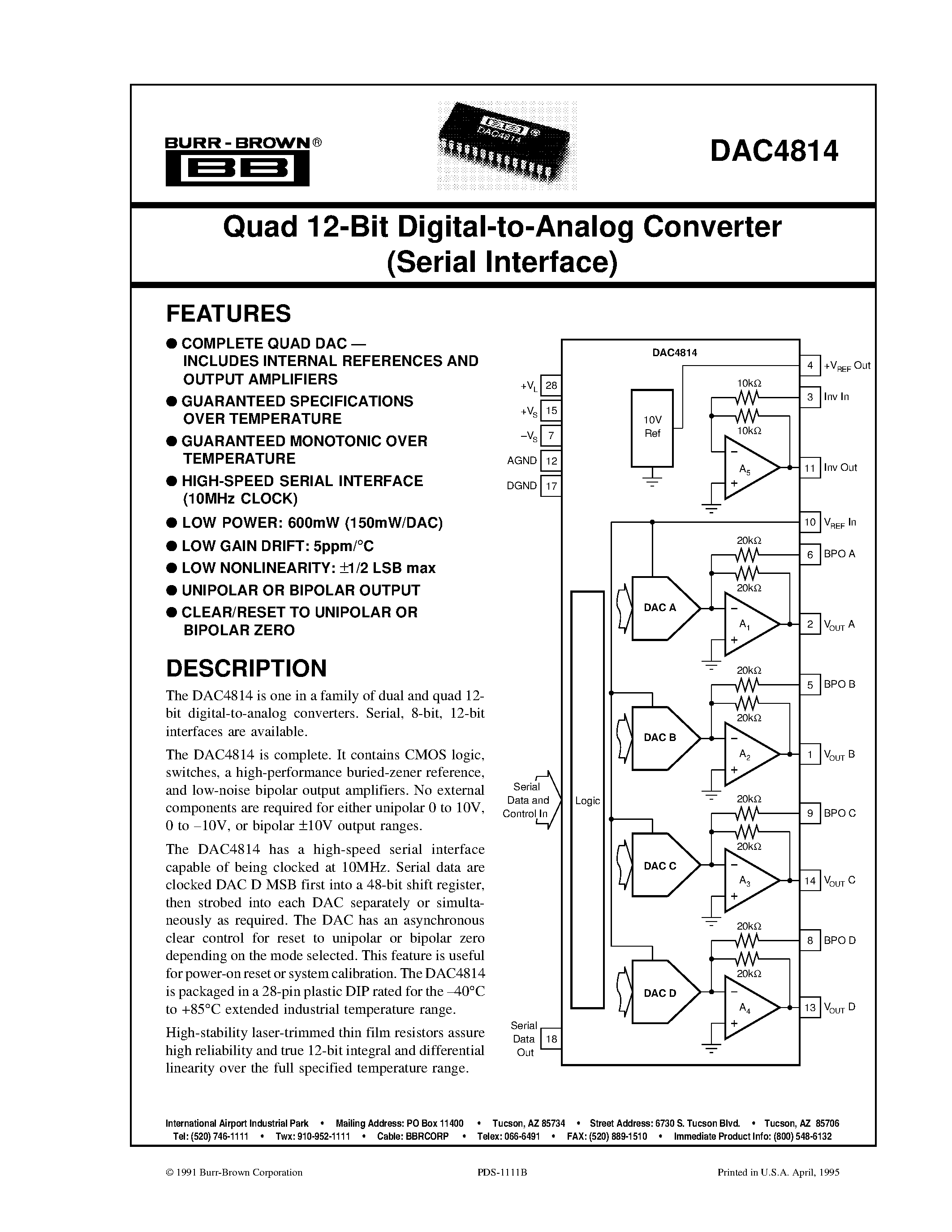 Datasheet DAC4814 - Quad 12-Bit Digital-to-Analog Converter Serial Interface page 1