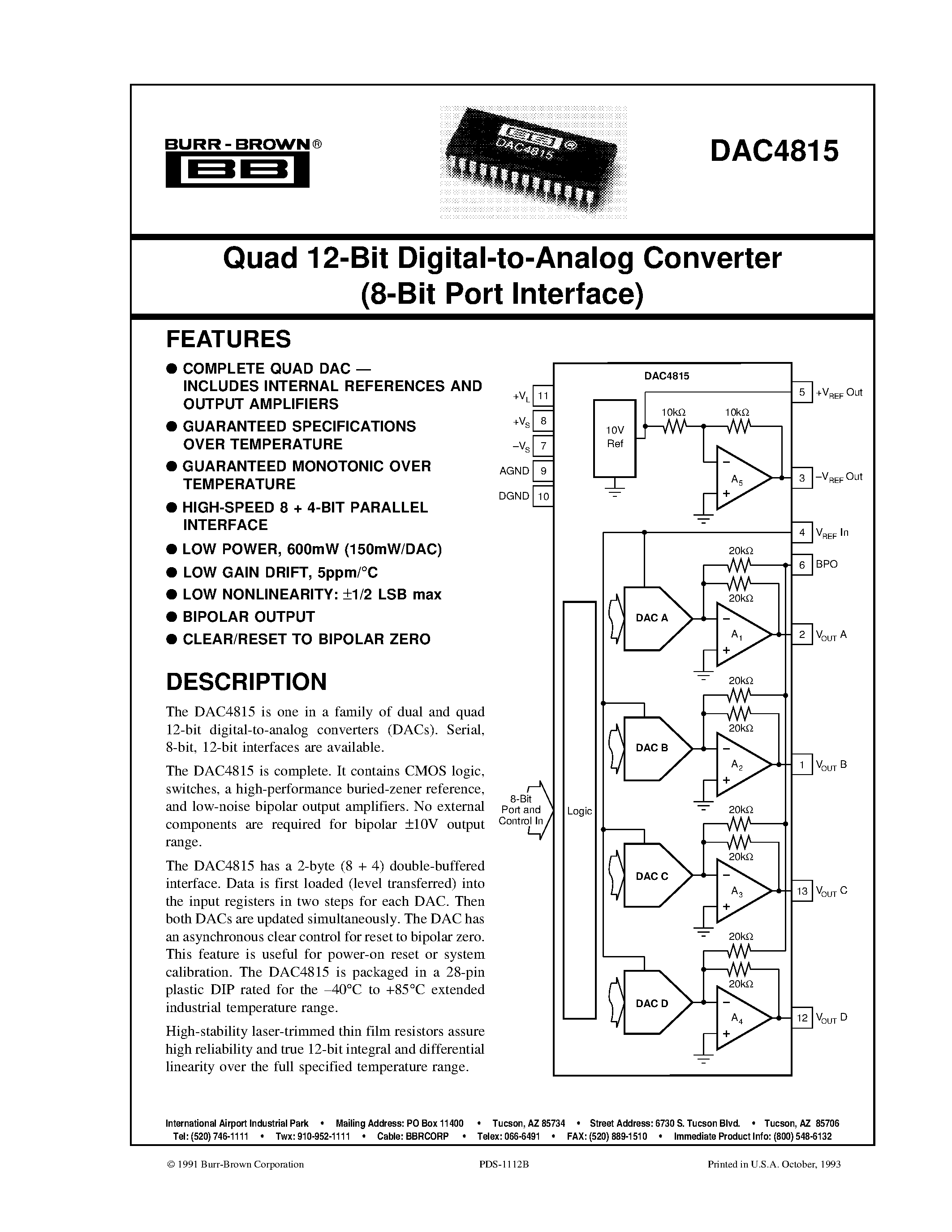 Datasheet DAC4815AP page 1 Datasheet DAC4815AP - Quad 12-Bit Digital-to-Analog Converter 8-Bit Port Interface page 1