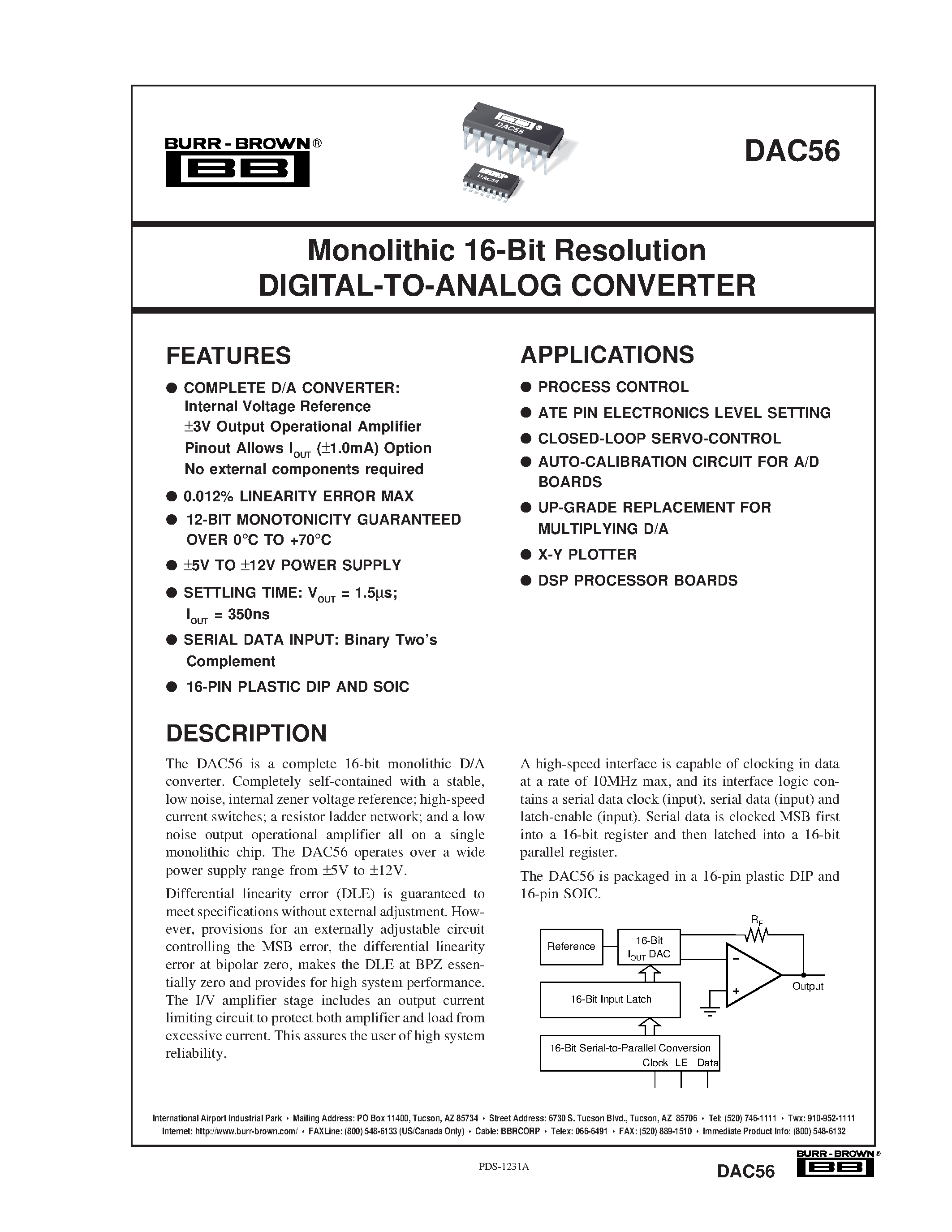 Datasheet DAC56 - Monolithic 16-Bit Resolution DIGITAL-TO-ANALOG CONVERTER page 1