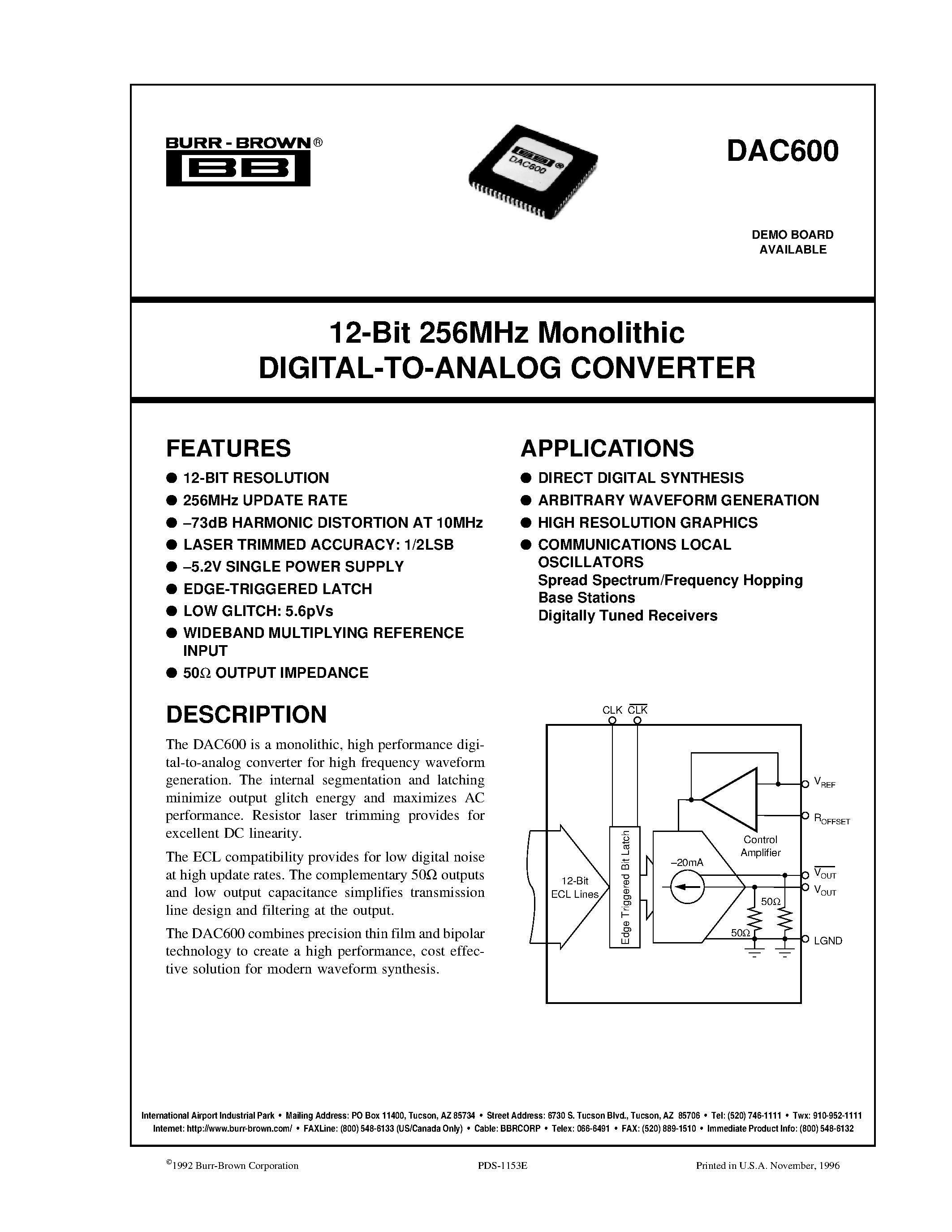 Datasheet DAC600 - 12-Bit 256MHz Monolithic DIGITAL-TO-ANALOG CONVERTER page 1