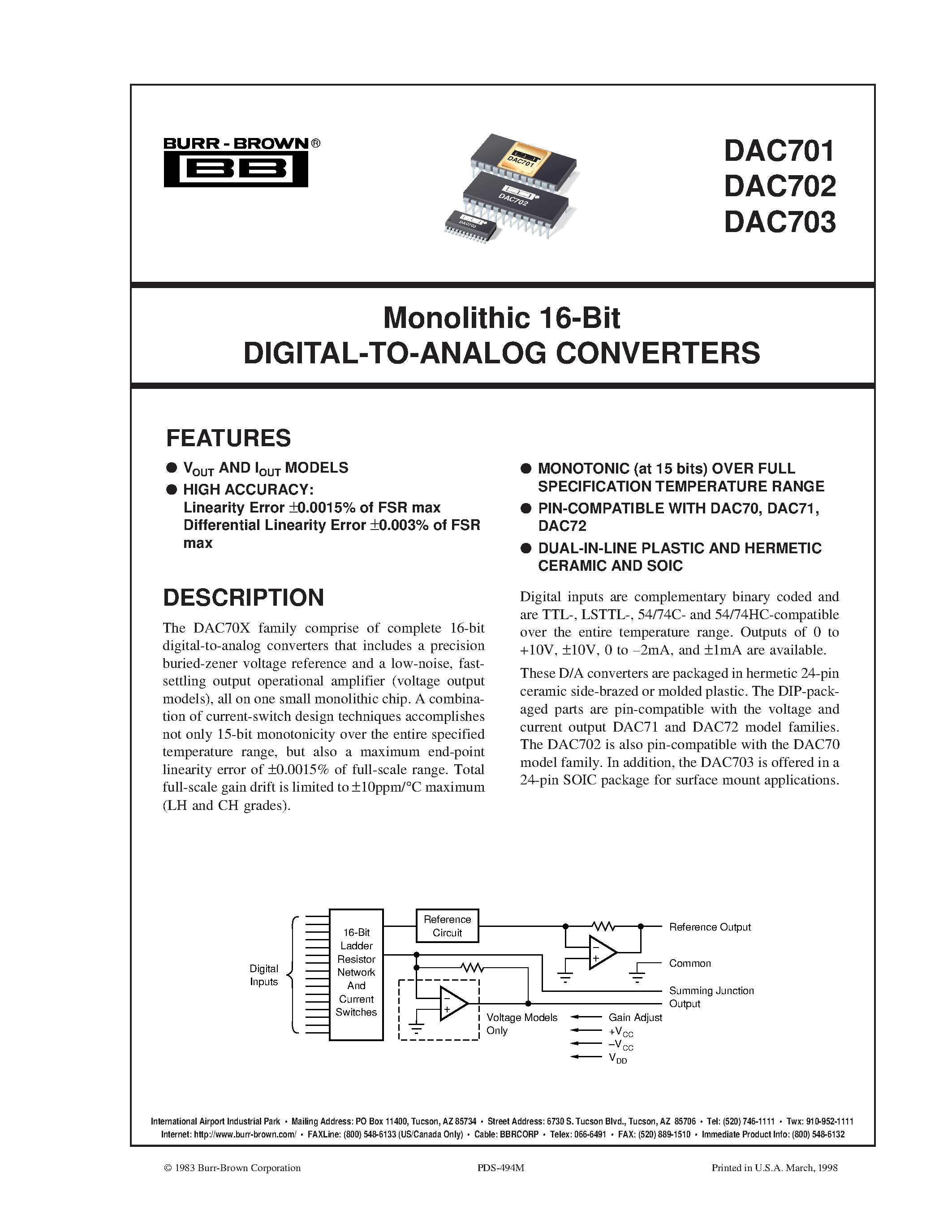 Datasheet DAC703J - Monolithic 16-Bit DIGITAL-TO-ANALOG CONVERTERS page 1