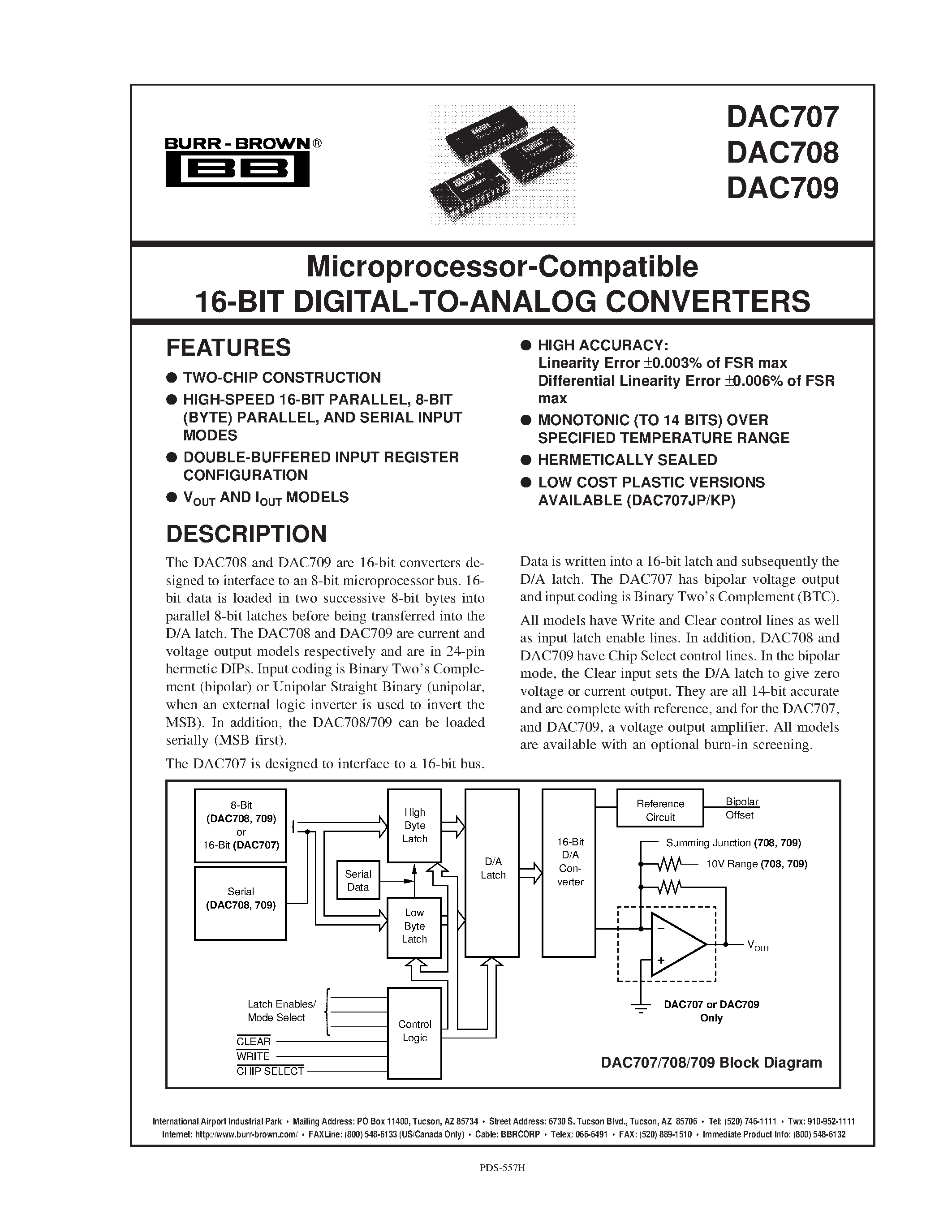 Datasheet DAC709KH - Microprocessor-Compatible 16-BIT DIGITAL-TO-ANALOG CONVERTERS page 1