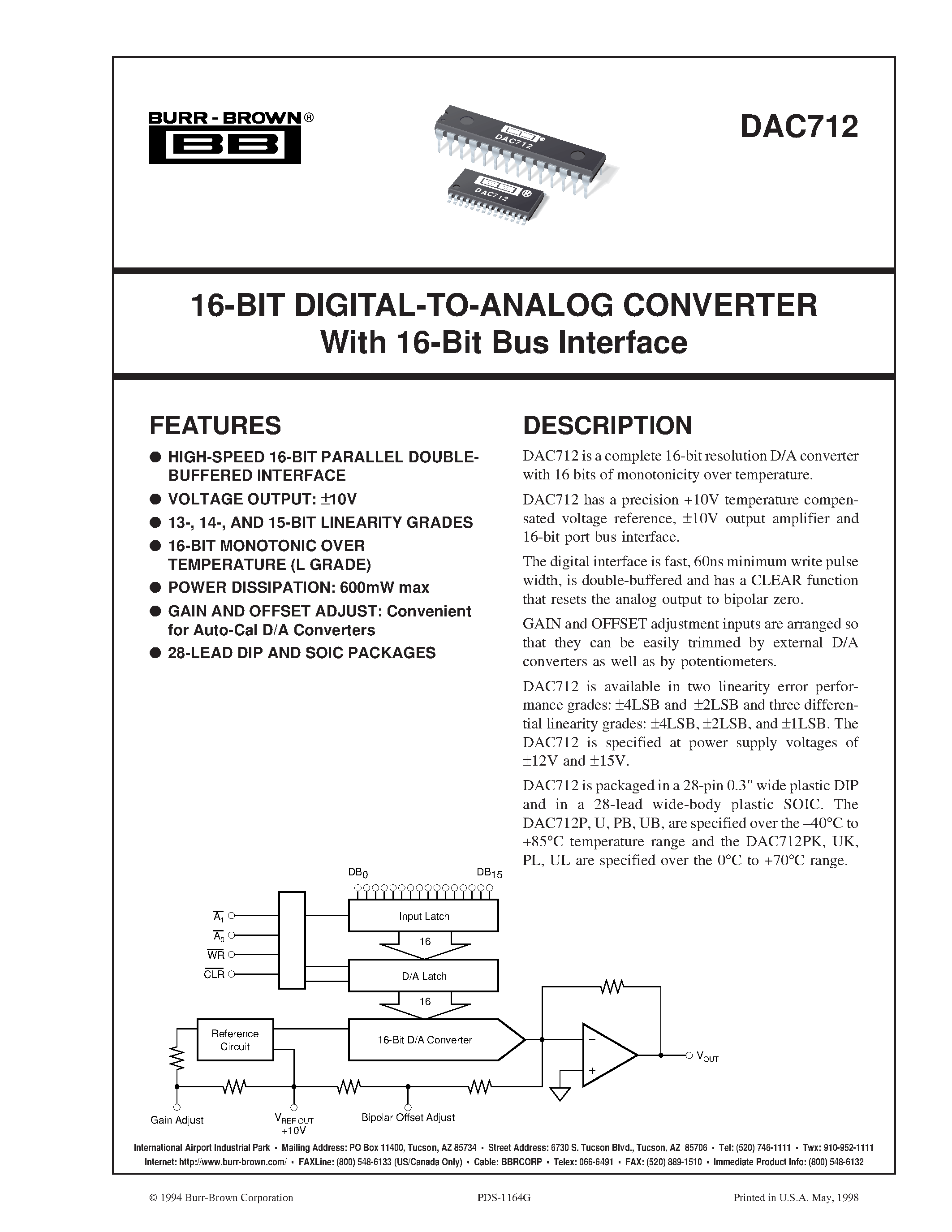 Datasheet DAC712P - 16-BIT DIGITAL-TO-ANALOG CONVERTER With 16-Bit Bus Interface page 1