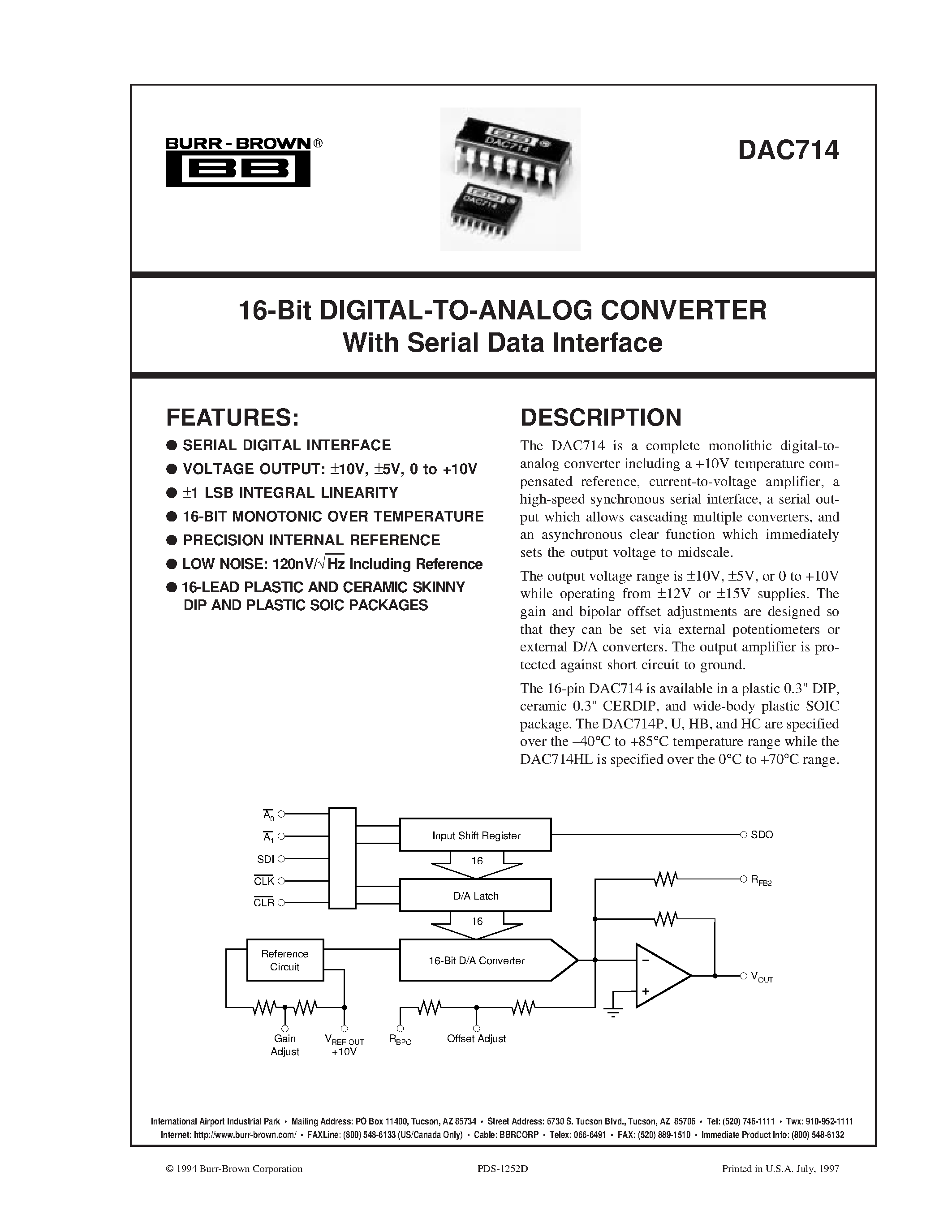 Datasheet DAC714HL - 16-Bit DIGITAL-TO-ANALOG CONVERTER With Serial Data Interface page 1
