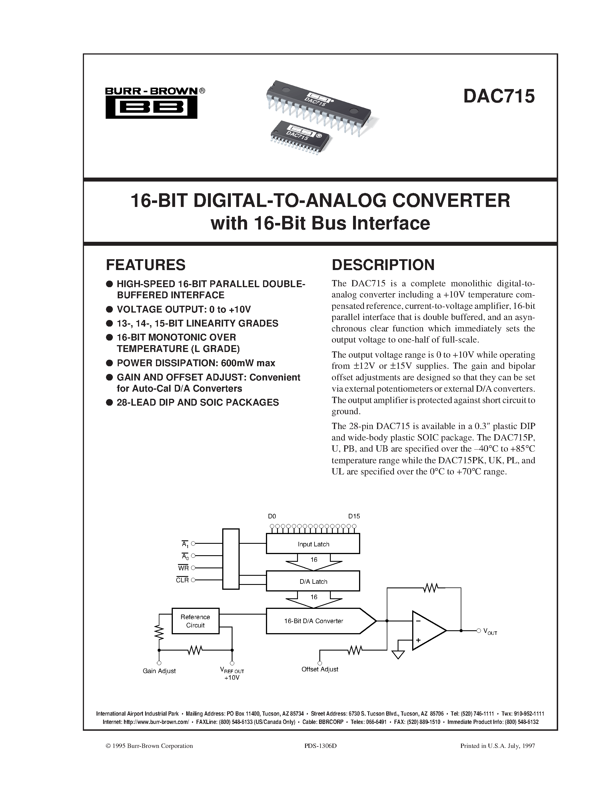 Datasheet DAC715PB - 16-BIT DIGITAL-TO-ANALOG CONVERTER with 16-Bit Bus Interface page 1