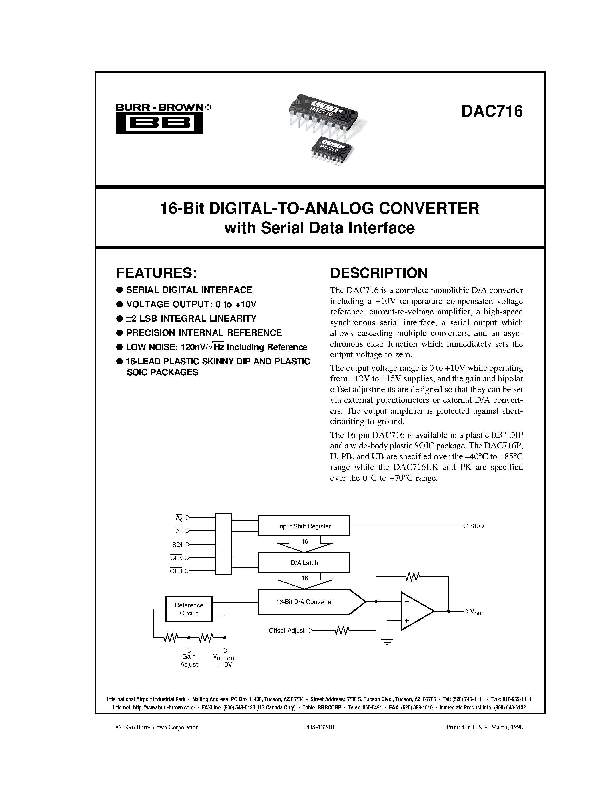 Datasheet DAC716 - 16-Bit DIGITAL-TO-ANALOG CONVERTER with Serial Data Interface page 1