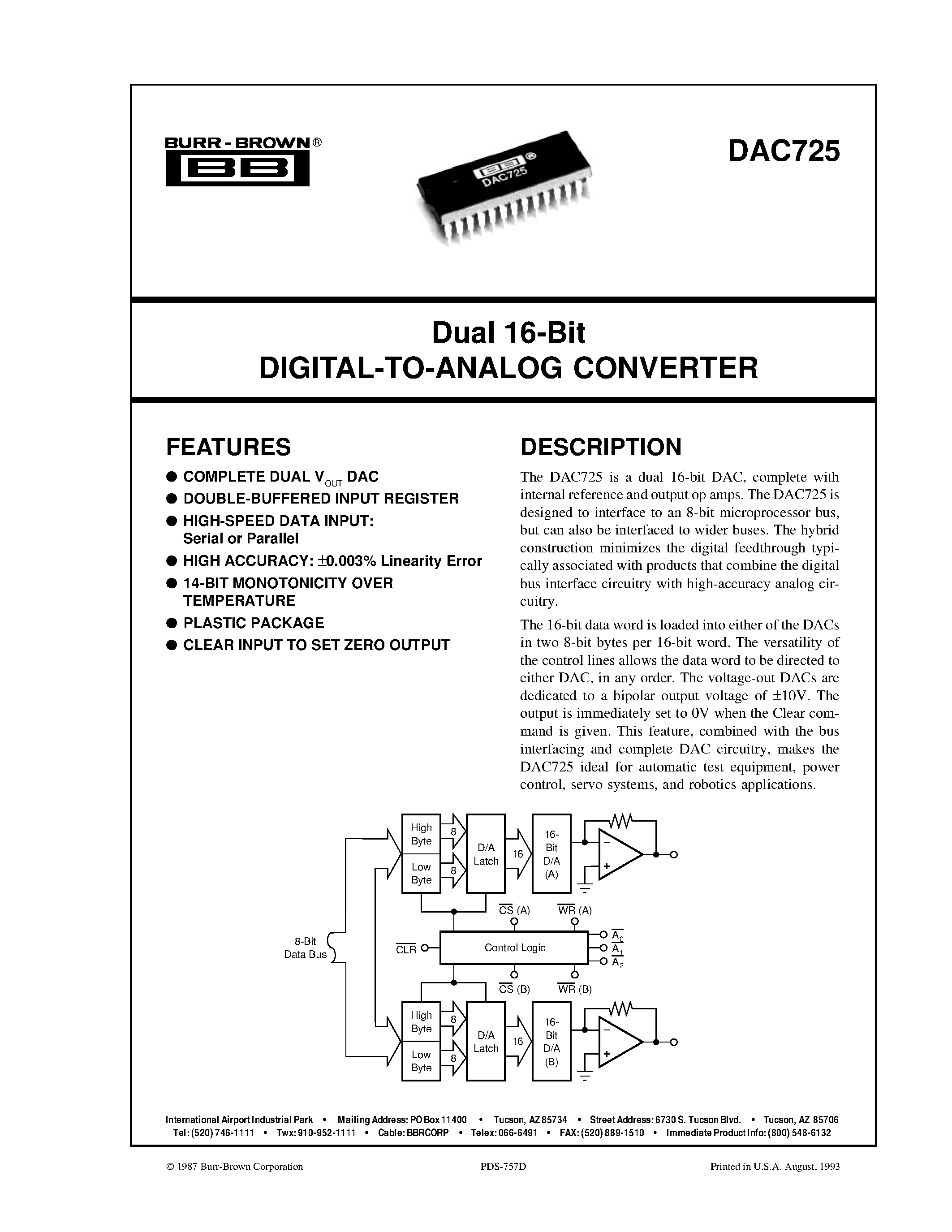 Datasheet DAC725JP - Dual 16-Bit DIGITAL-TO-ANALOG CONVERTER page 1