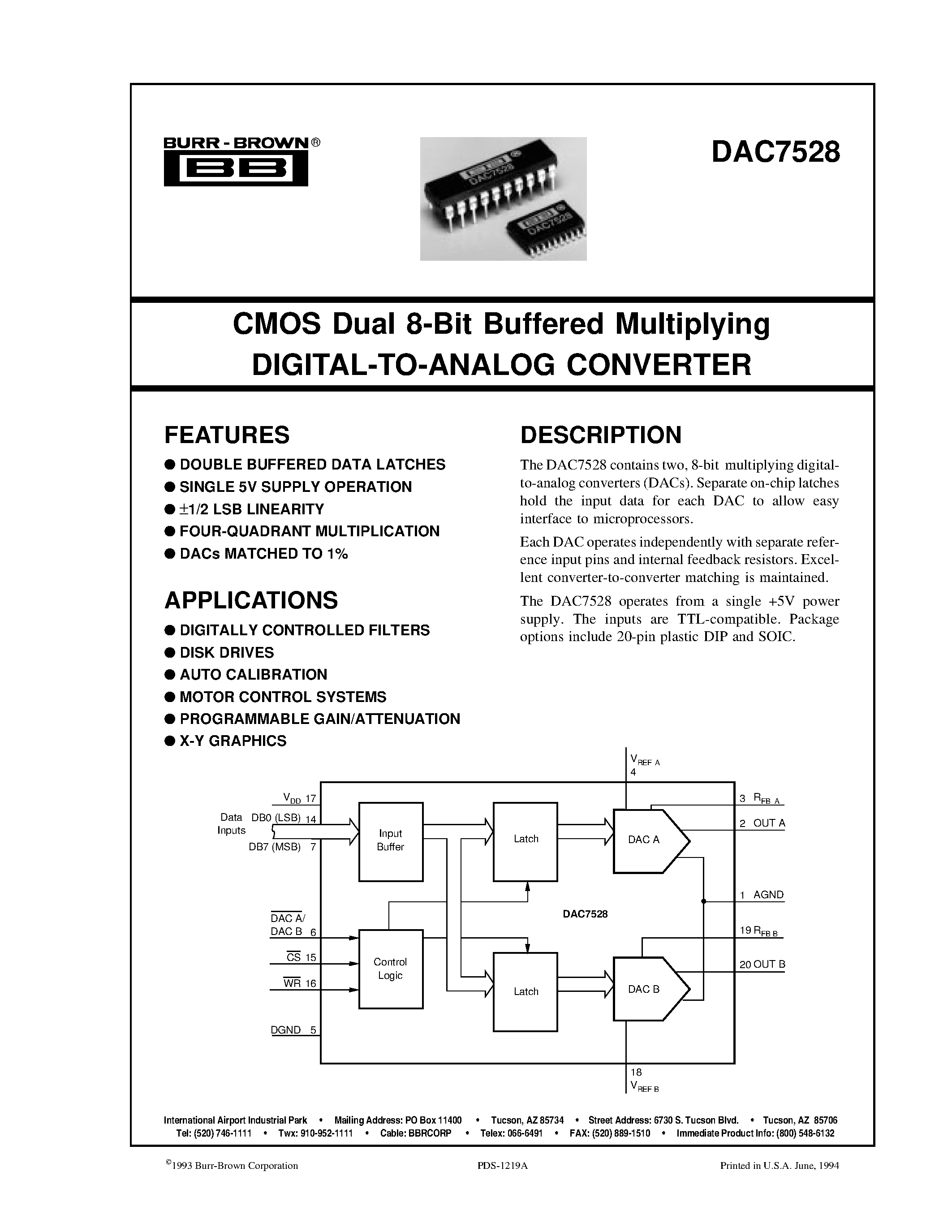Datasheet DAC7528P - CMOS Dual 8-Bit Buffered Multiplying DIGITAL-TO-ANALOG CONVERTER page 1