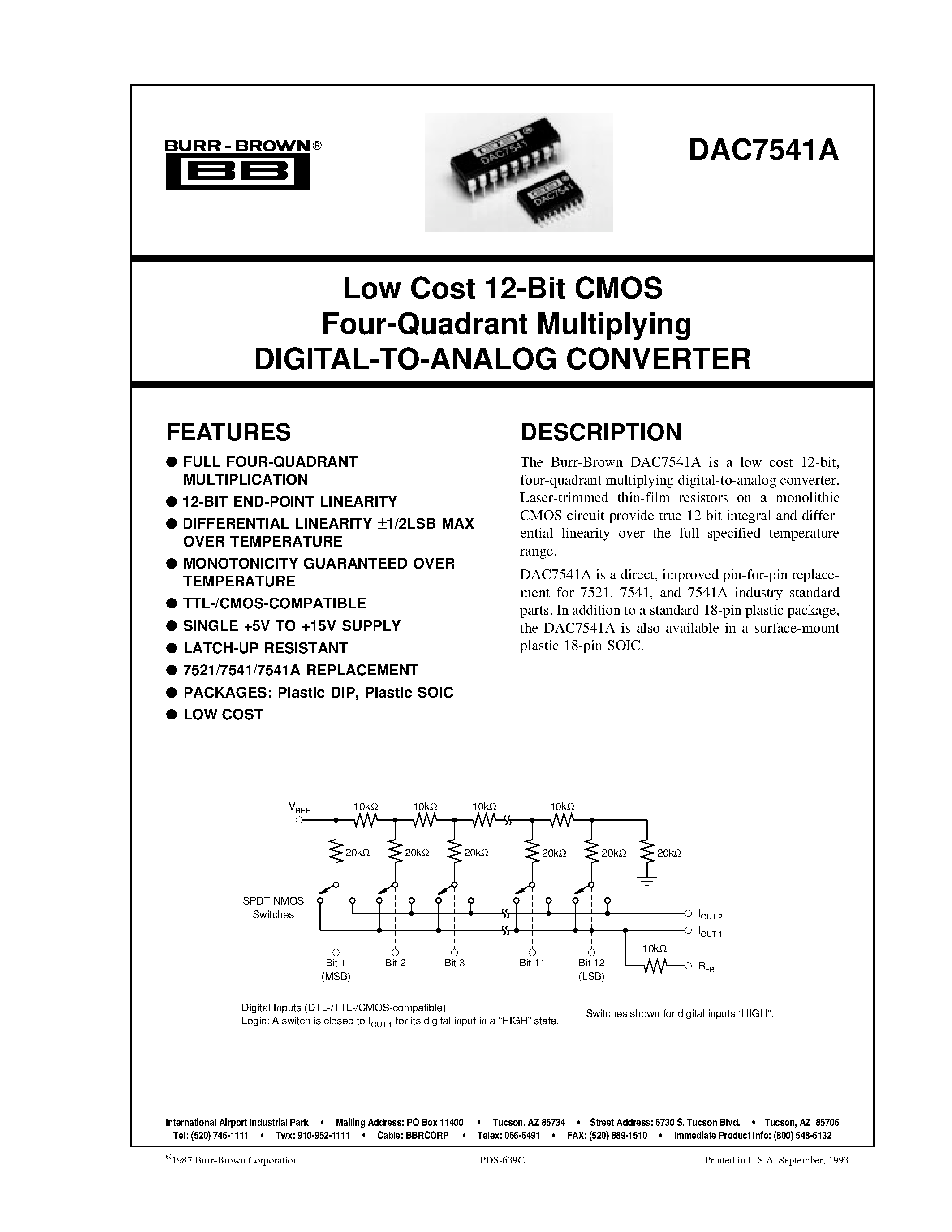 Datasheet DAC7541A - Low Cost 12-Bit CMOS Four-Quadrant Multiplying DIGITAL-TO-ANALOG CONVERTER page 1