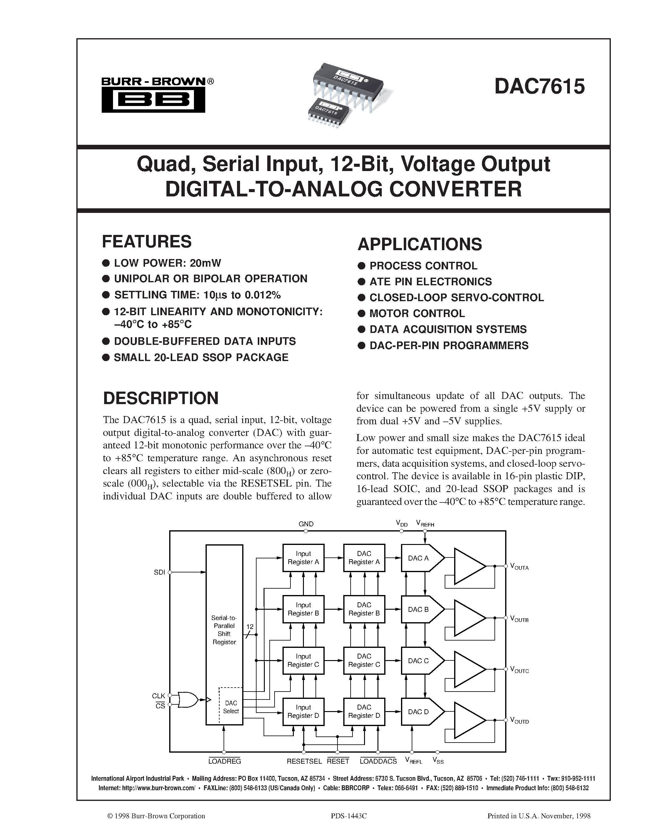 Datasheet DAC7615PB page 1 Datasheet DAC7615PB - Quad/ Serial Input/ 12-Bit/ Voltage Output DIGITAL-TO-ANALOG CONVERTER page 1