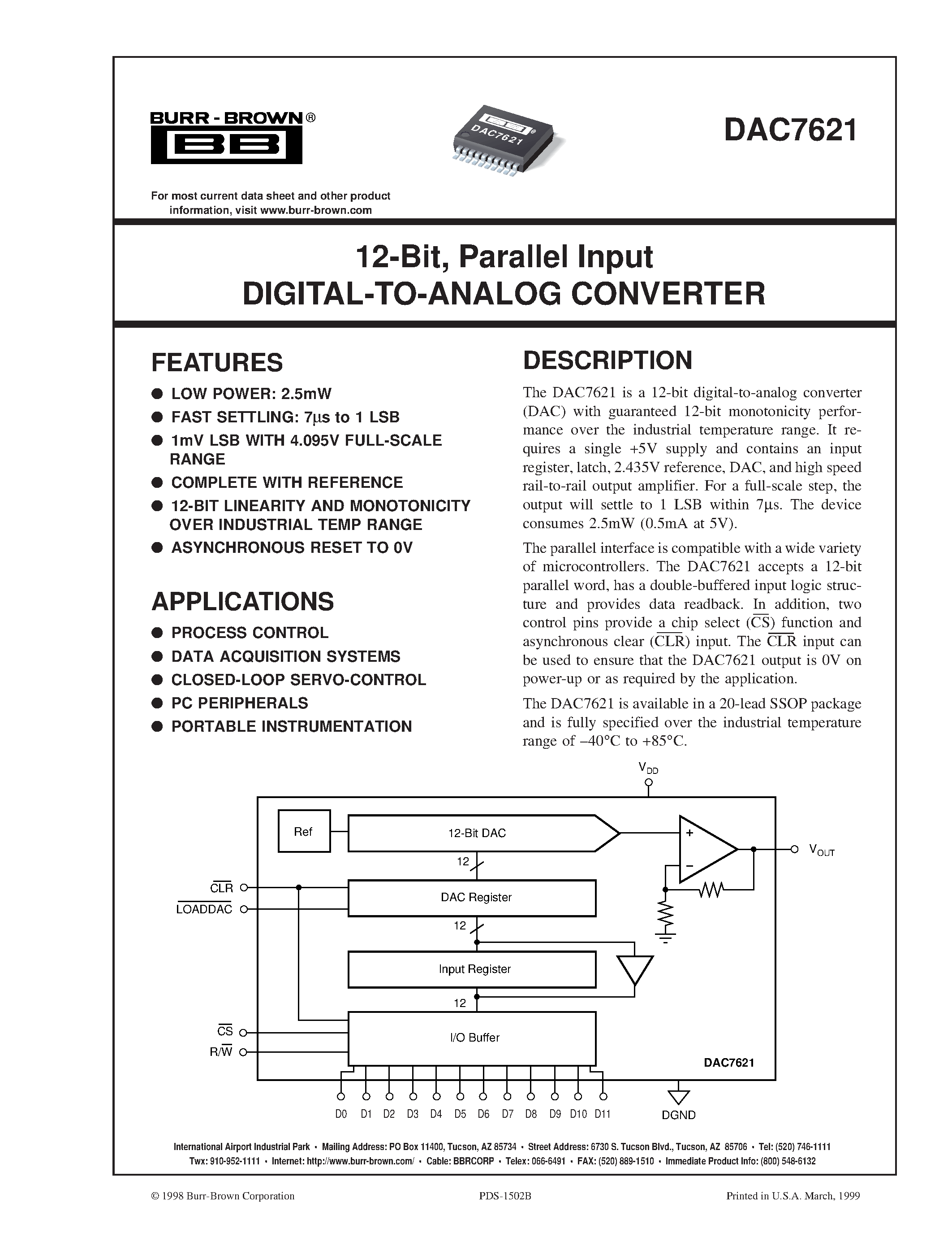 Datasheet DAC7621EB - 12-Bit/ Parallel Input DIGITAL-TO-ANALOG CONVERTER page 1