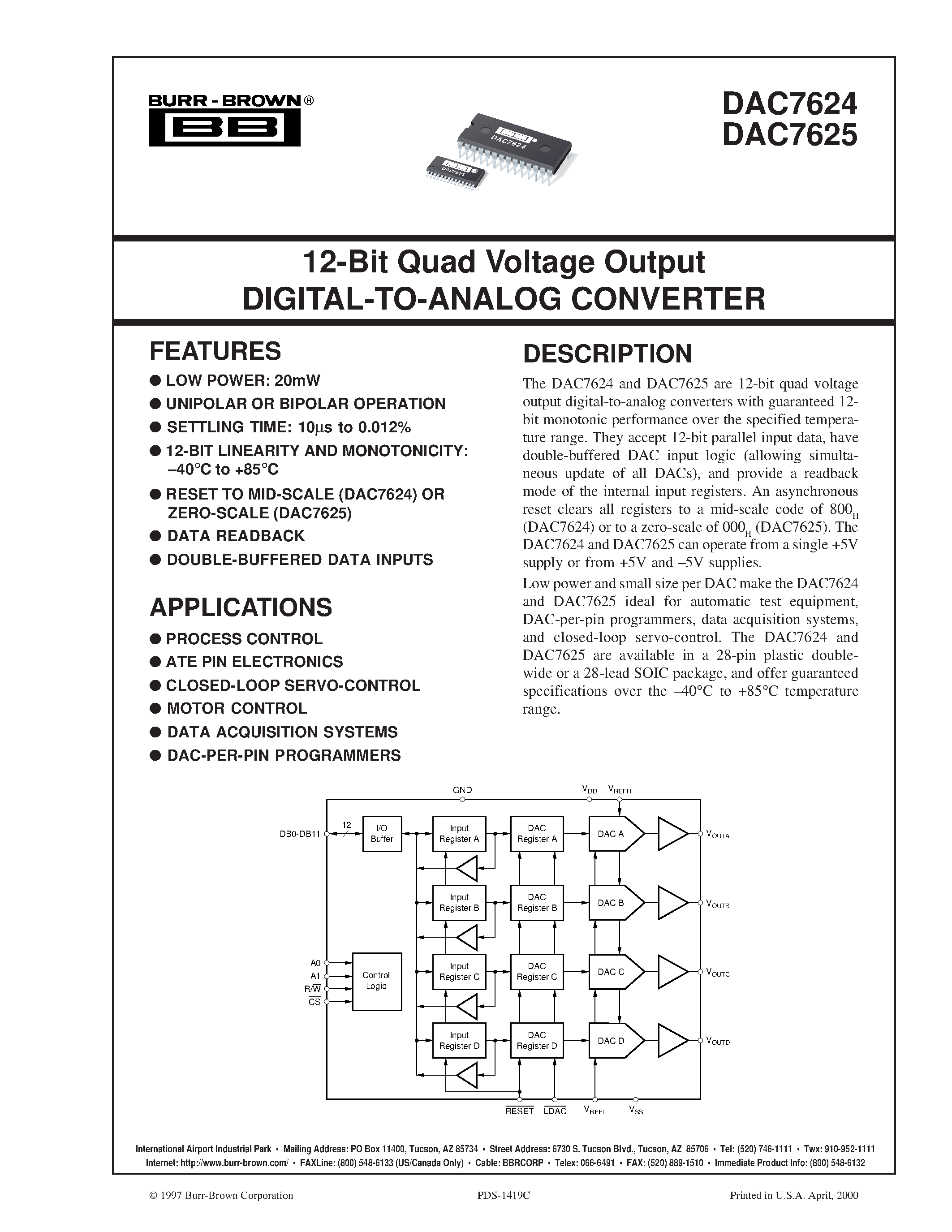 Datasheet DAC7625UB - 12-Bit Quad Voltage Output DIGITAL-TO-ANALOG CONVERTER page 1