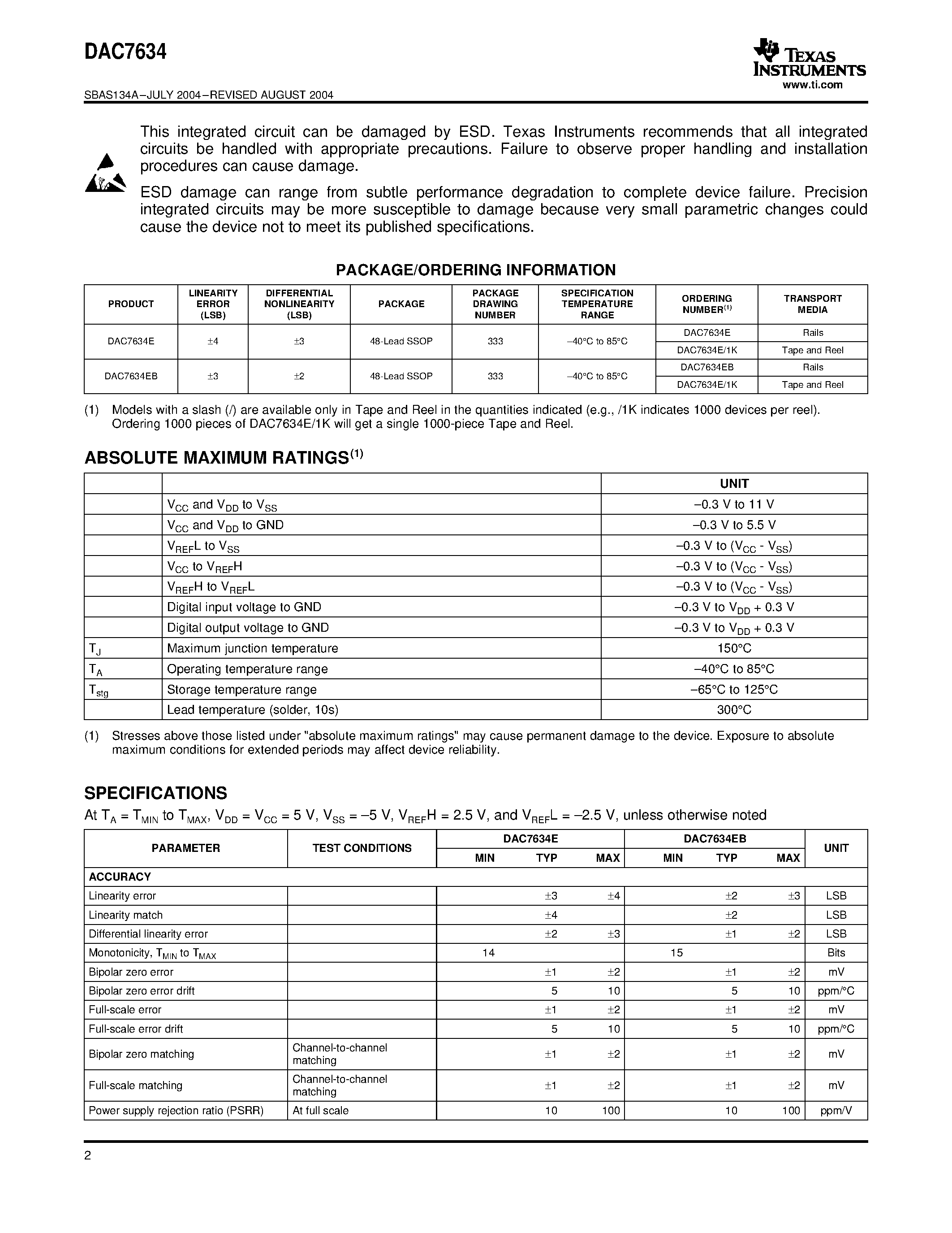 Datasheet DAC7634E - 16-BIT/ QUAD VOLTAGE OUTPUT DIGITAL-TO-ANALOG CONVERTER page 2