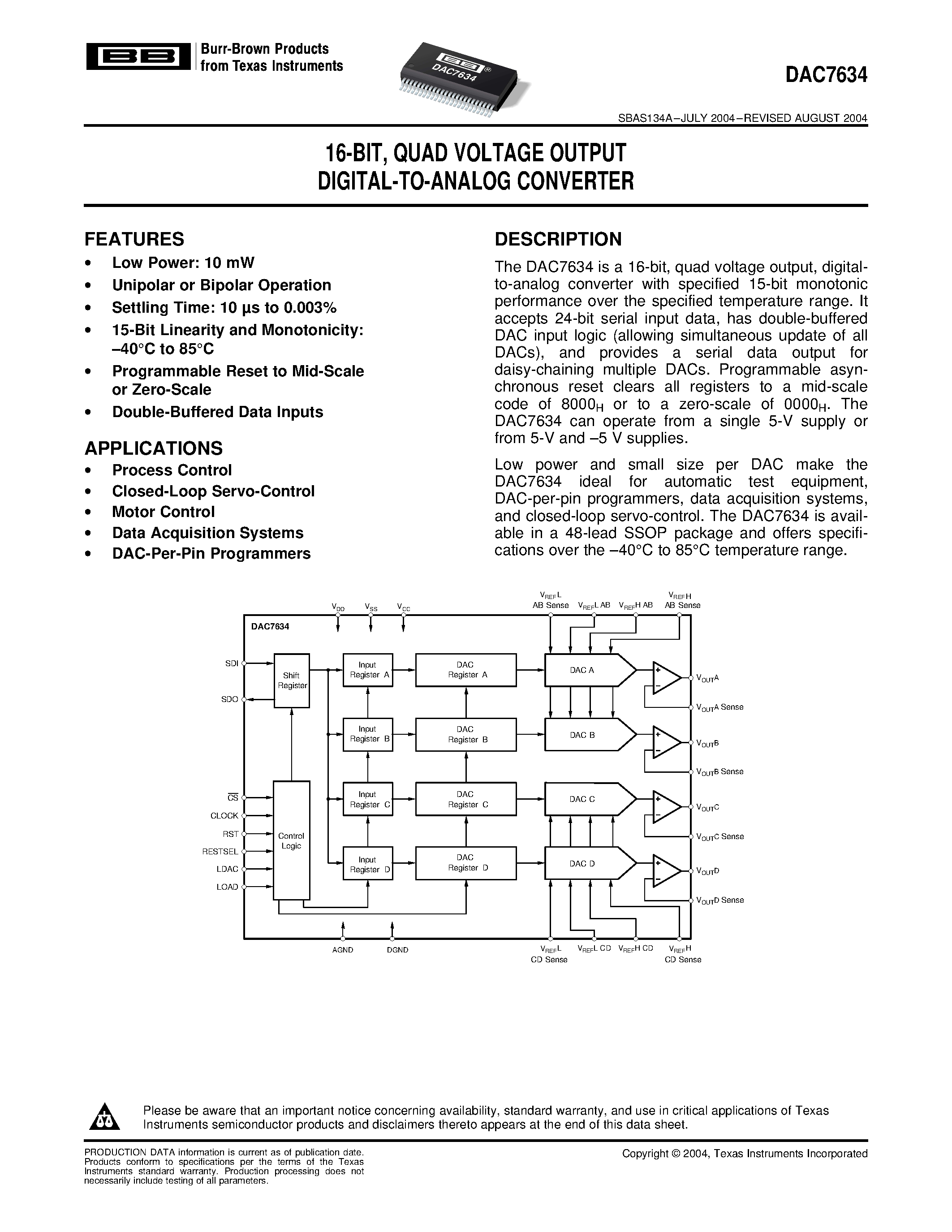 Datasheet DAC7634EB - 16-BIT/ QUAD VOLTAGE OUTPUT DIGITAL-TO-ANALOG CONVERTER page 1