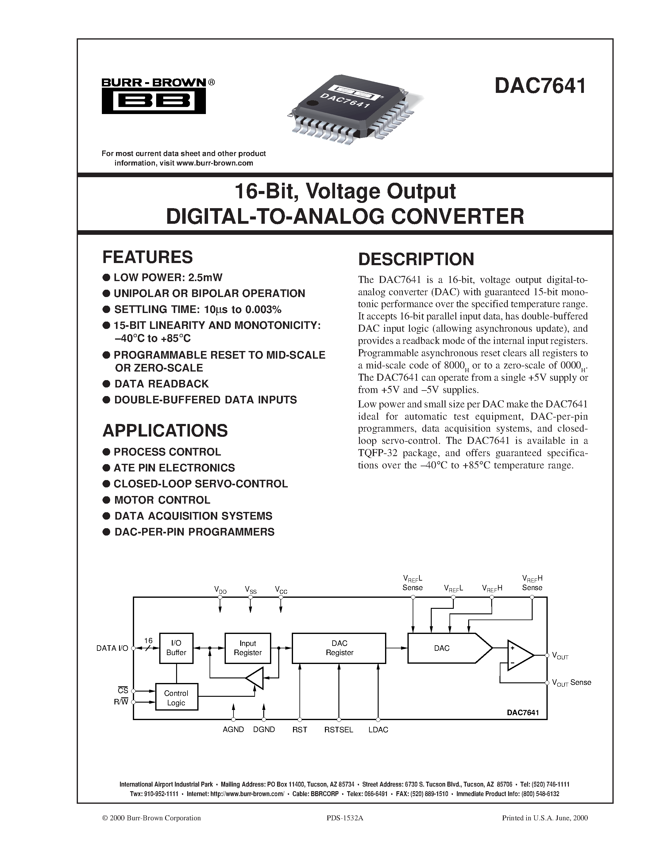 Datasheet DAC7641 page 1 Datasheet DAC7641 - 16-Bit/ Voltage Output DIGITAL-TO-ANALOG CONVERTER page 1