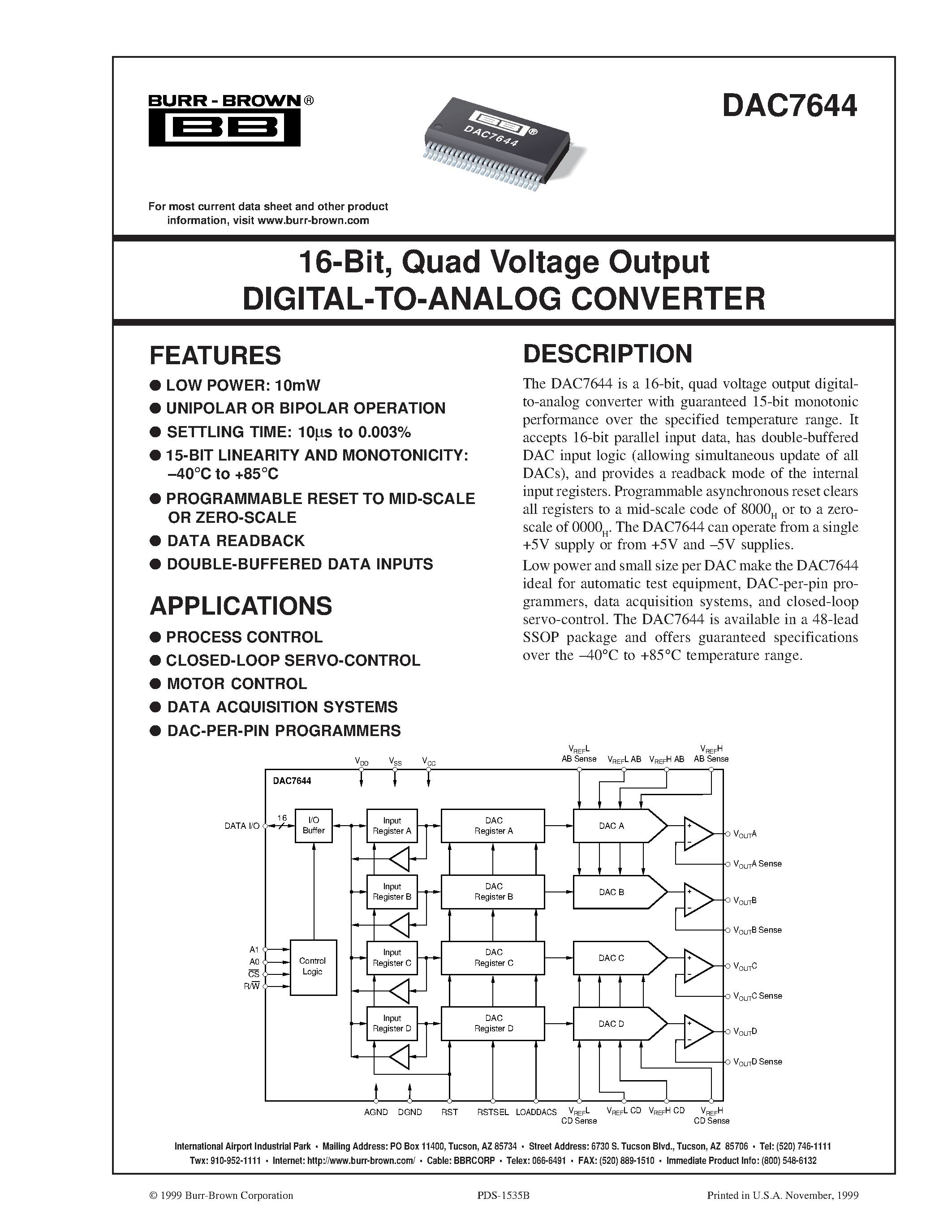 Datasheet DAC7644EB page 1 Datasheet DAC7644EB - 16-Bit/ Quad Voltage Output DIGITAL-TO-ANALOG CONVERTER page 1