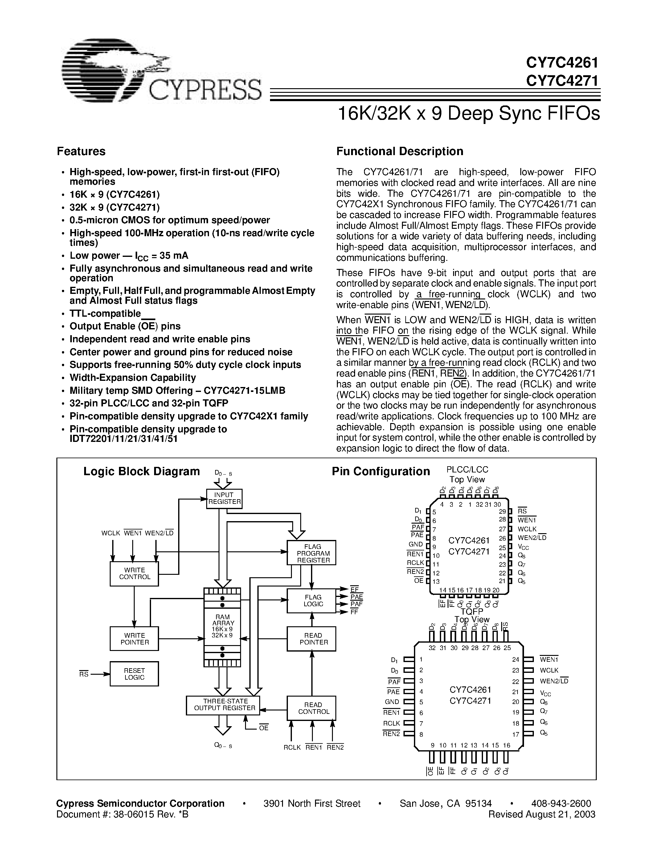 Даташит CY7C4261-25AC - 16K/32K x 9 Deep Sync FIFOs страница 1