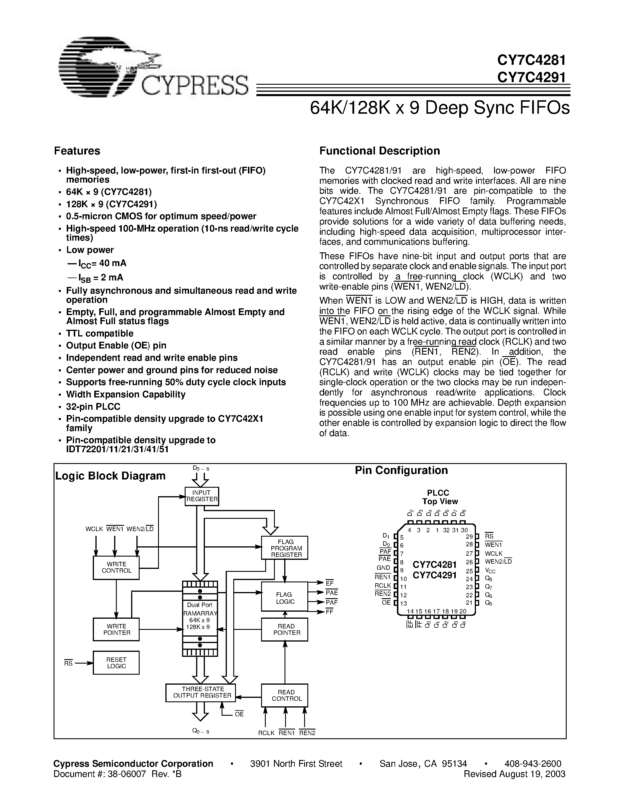 Даташит CY7C4291-15JC - 64K/128K x 9 Deep Sync FIFOs страница 1