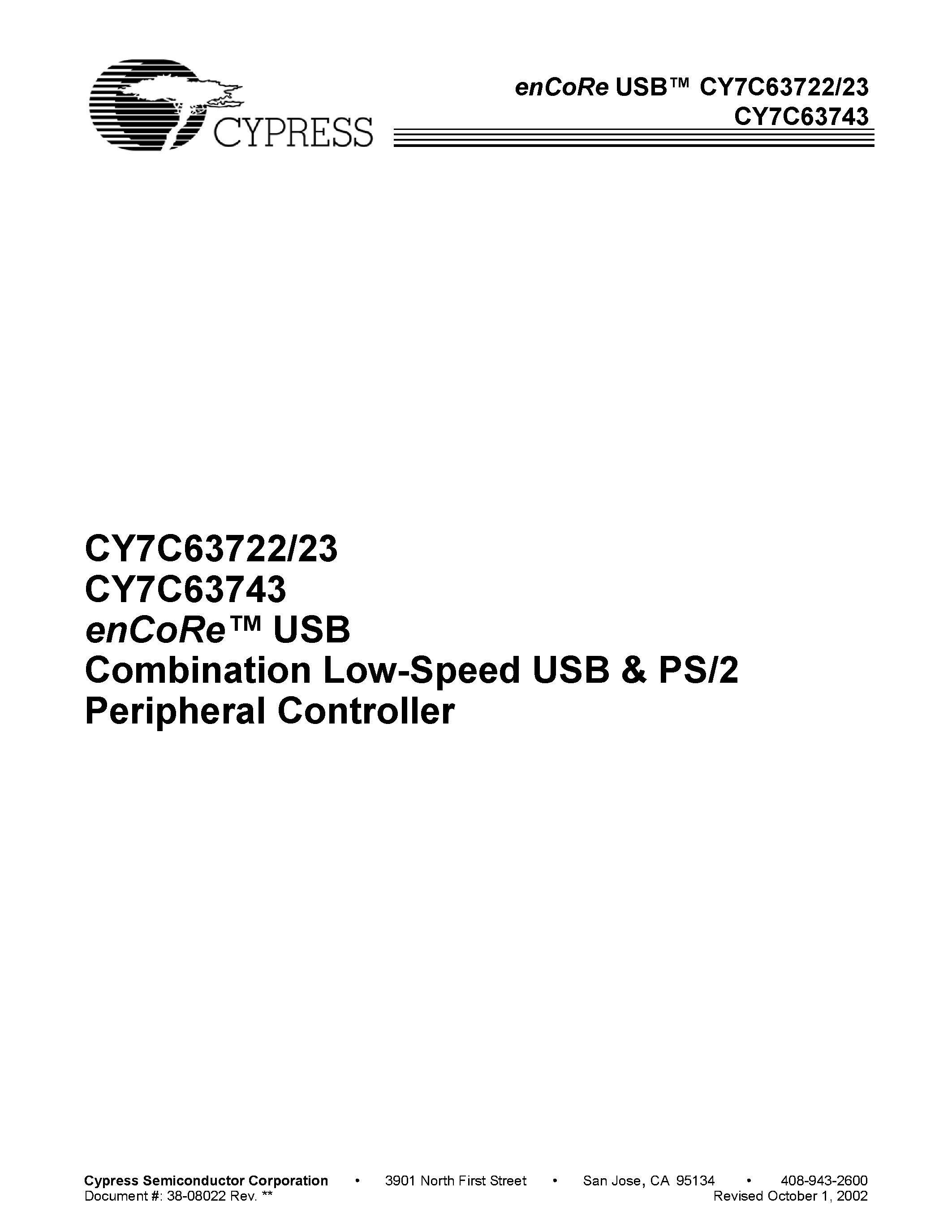 Даташит CY7C63723-SC - enCoRe USB Combination Low-Speed USB & PS/2 Peripheral Controller страница 1