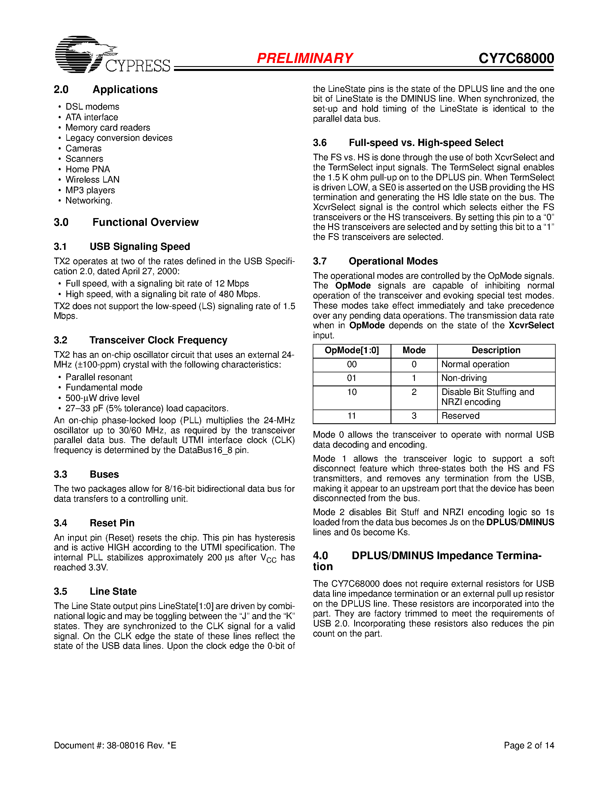 Datasheet CY7C68000 page 2 Datasheet CY7C68000 - TX2 USB 2.0 UTMI Transceiver page 2