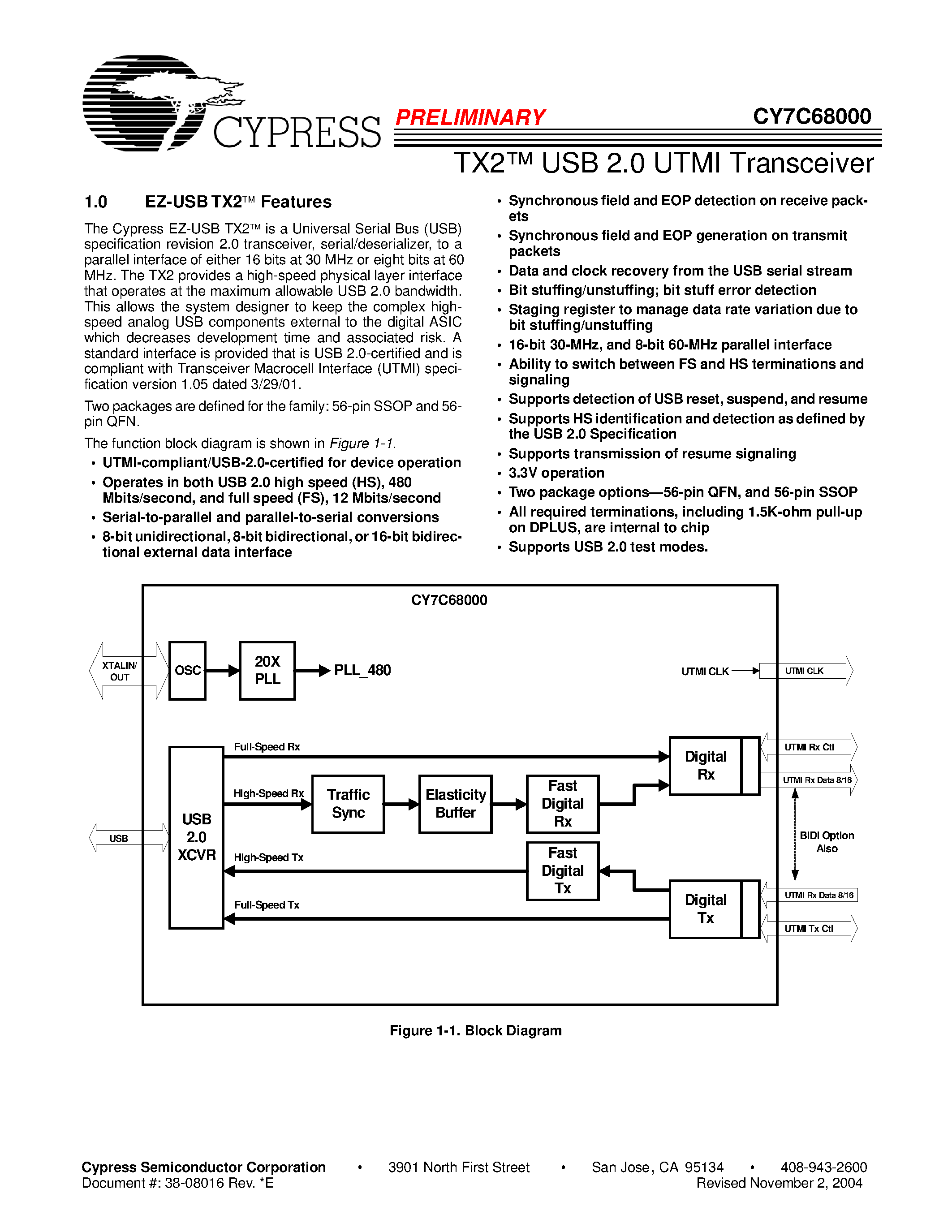 Datasheet CY7C68000-56PVCT - TX2 USB 2.0 UTMI Transceiver page 1