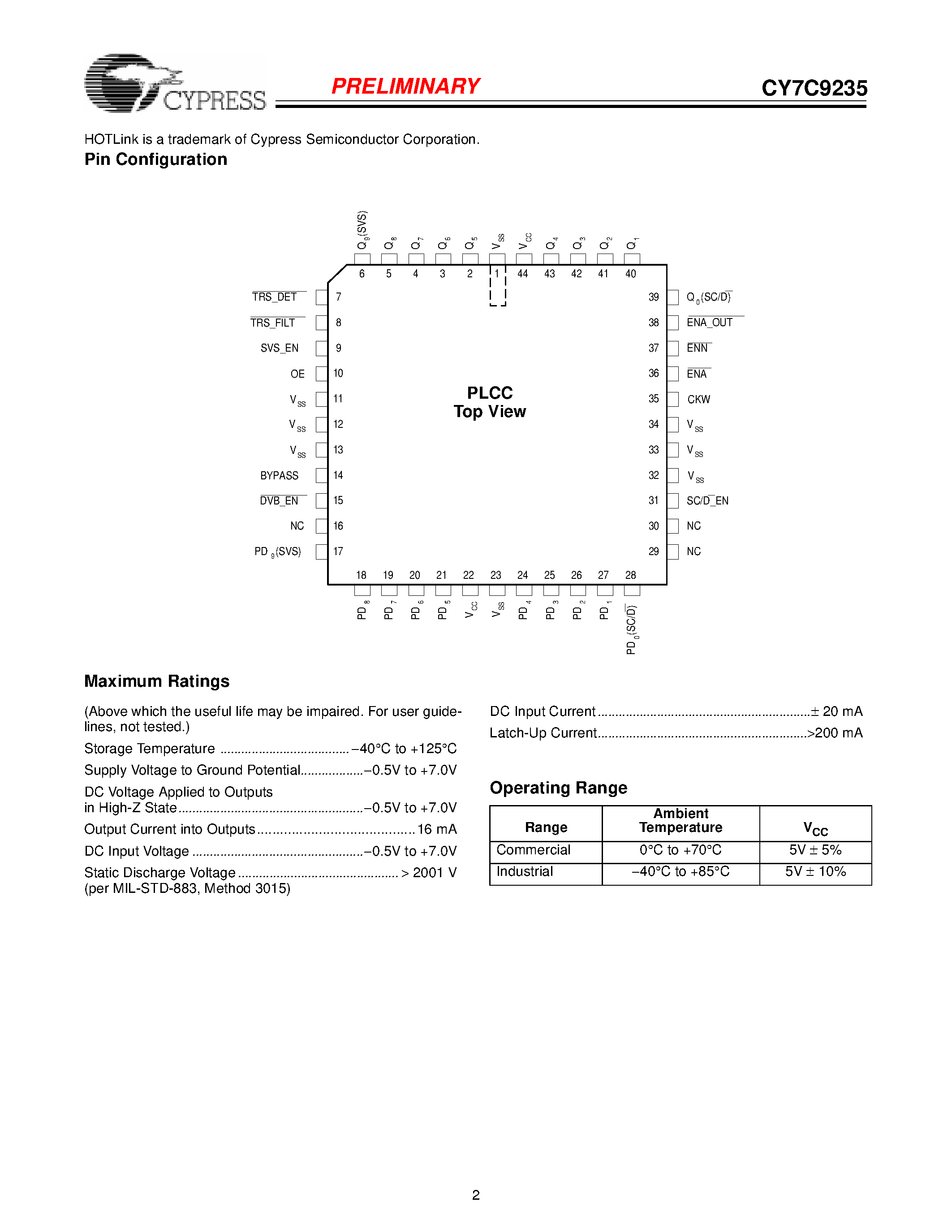Datasheet CY7C9235-400JC page 2 Datasheet CY7C9235-400JC - SMPTE-259M/DVB-ASI Scrambler/Controller page 2