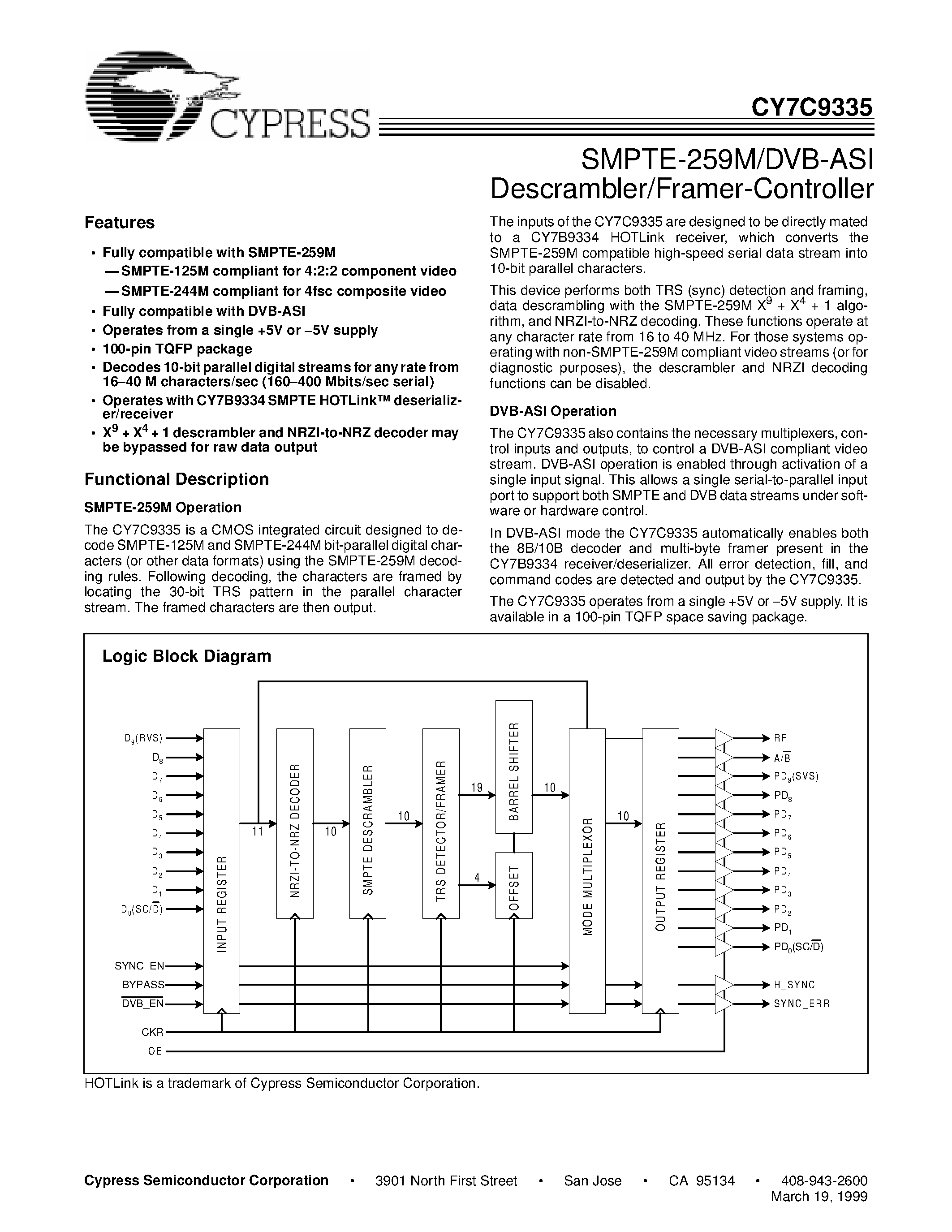 Datasheet CY7C9335 - SMPTE-259M/DVB-ASI Descrambler/Framer-Controller page 1