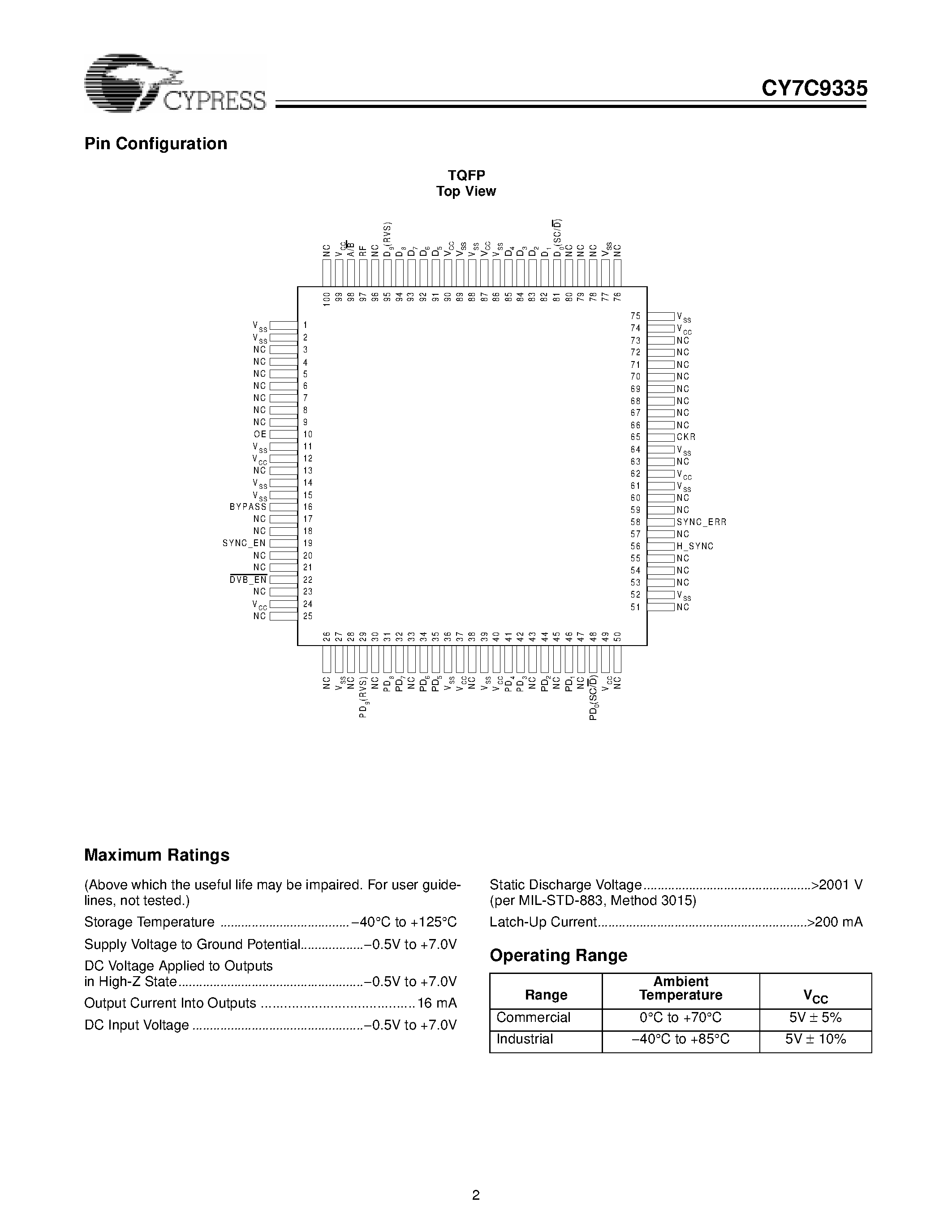 Datasheet CY7C9335 - SMPTE-259M/DVB-ASI Descrambler/Framer-Controller page 2