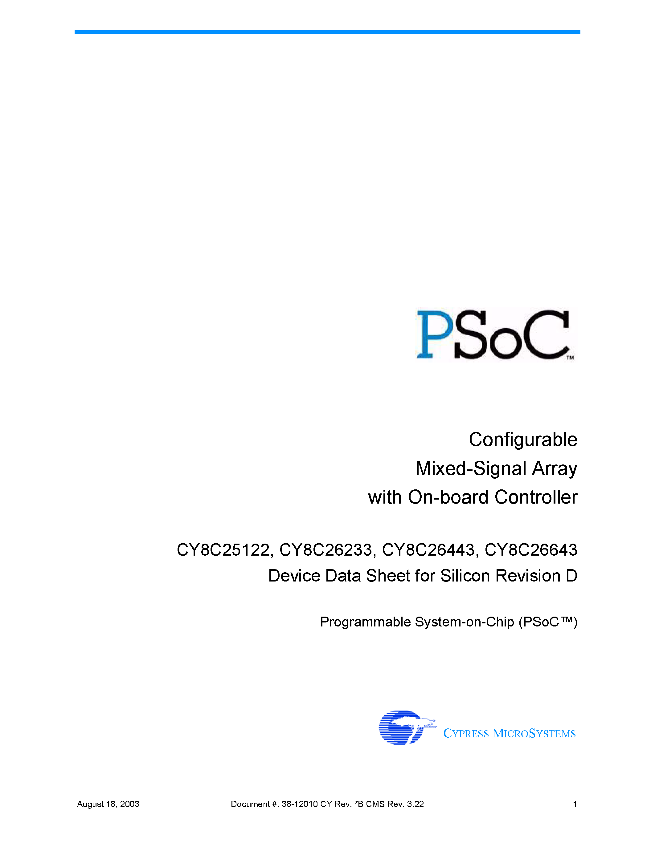 Datasheet CY8C26443 - 8-Bit Programmable System-on-Chip (PSoC) Microcontrollers page 1