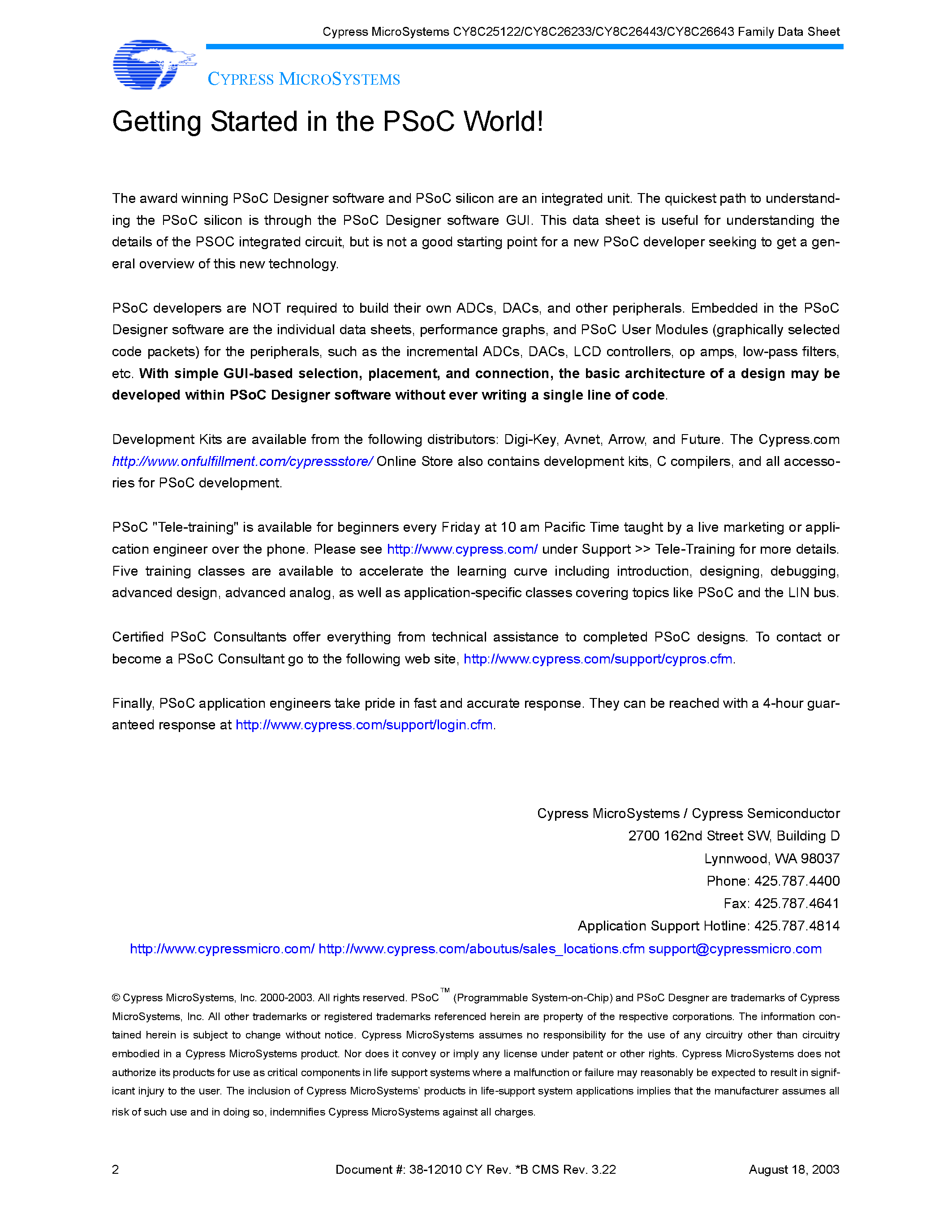 Datasheet CY8C26443 - 8-Bit Programmable System-on-Chip (PSoC) Microcontrollers page 2