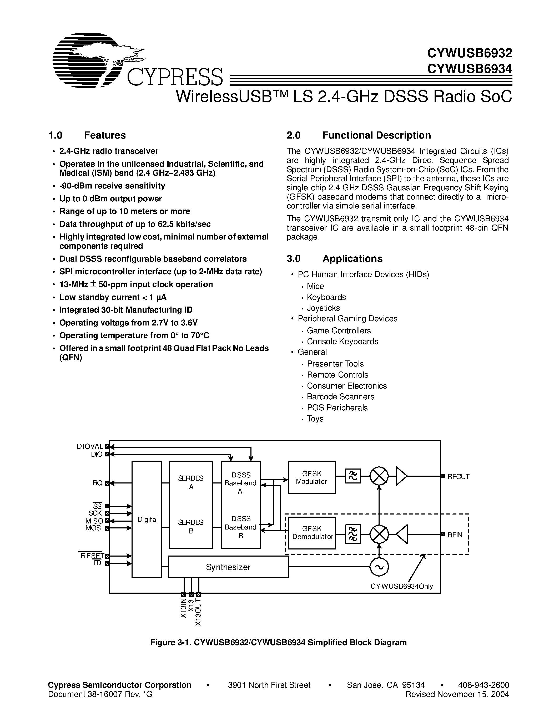 Datasheet CYWUSB6934-48LFXC - WirelessUSB LS 2.4-GHz DSSS Radio SoC page 1