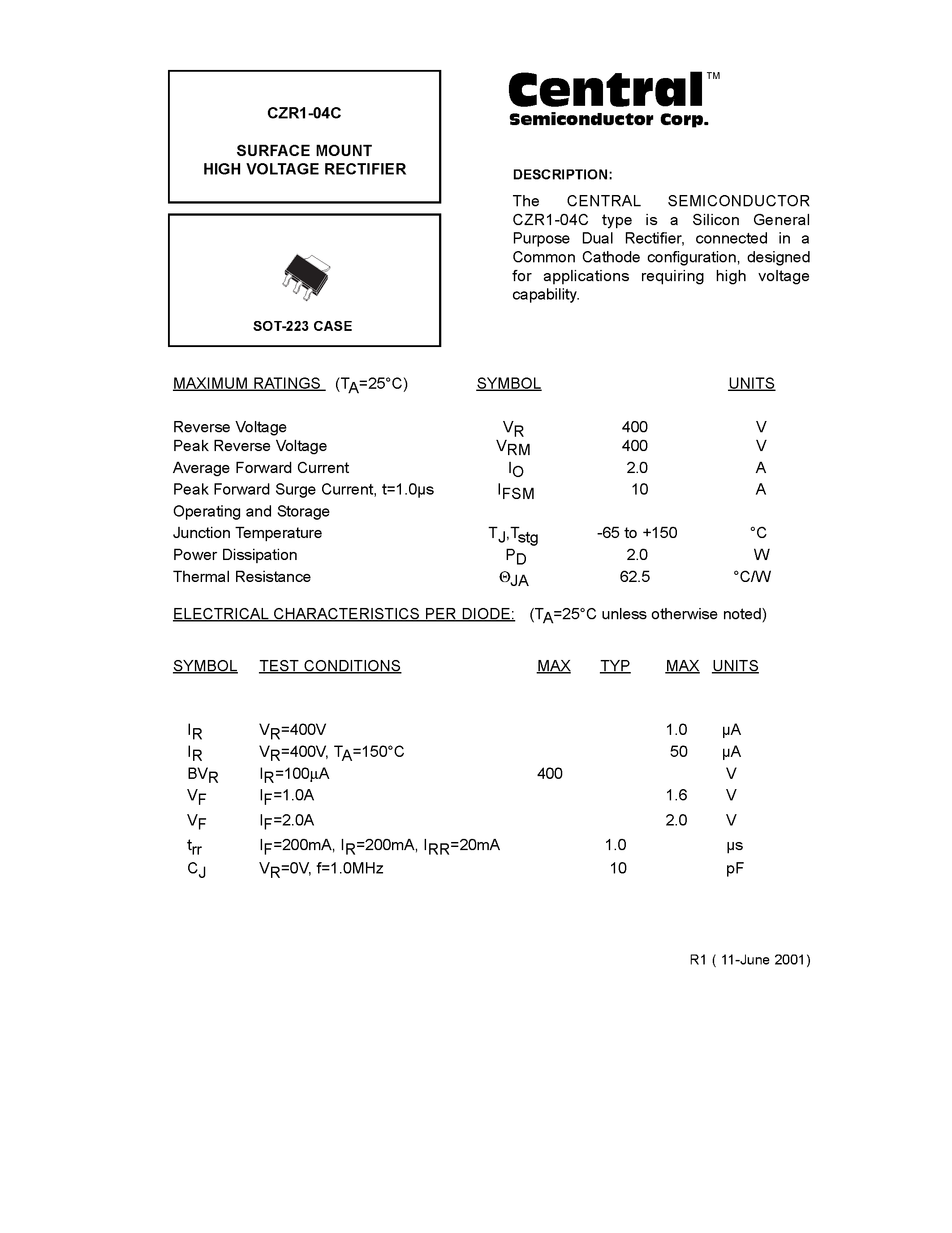 Datasheet CZR1-04C - SURFACE MOUNT HIGH VOLTAGE RECTIFIER page 1