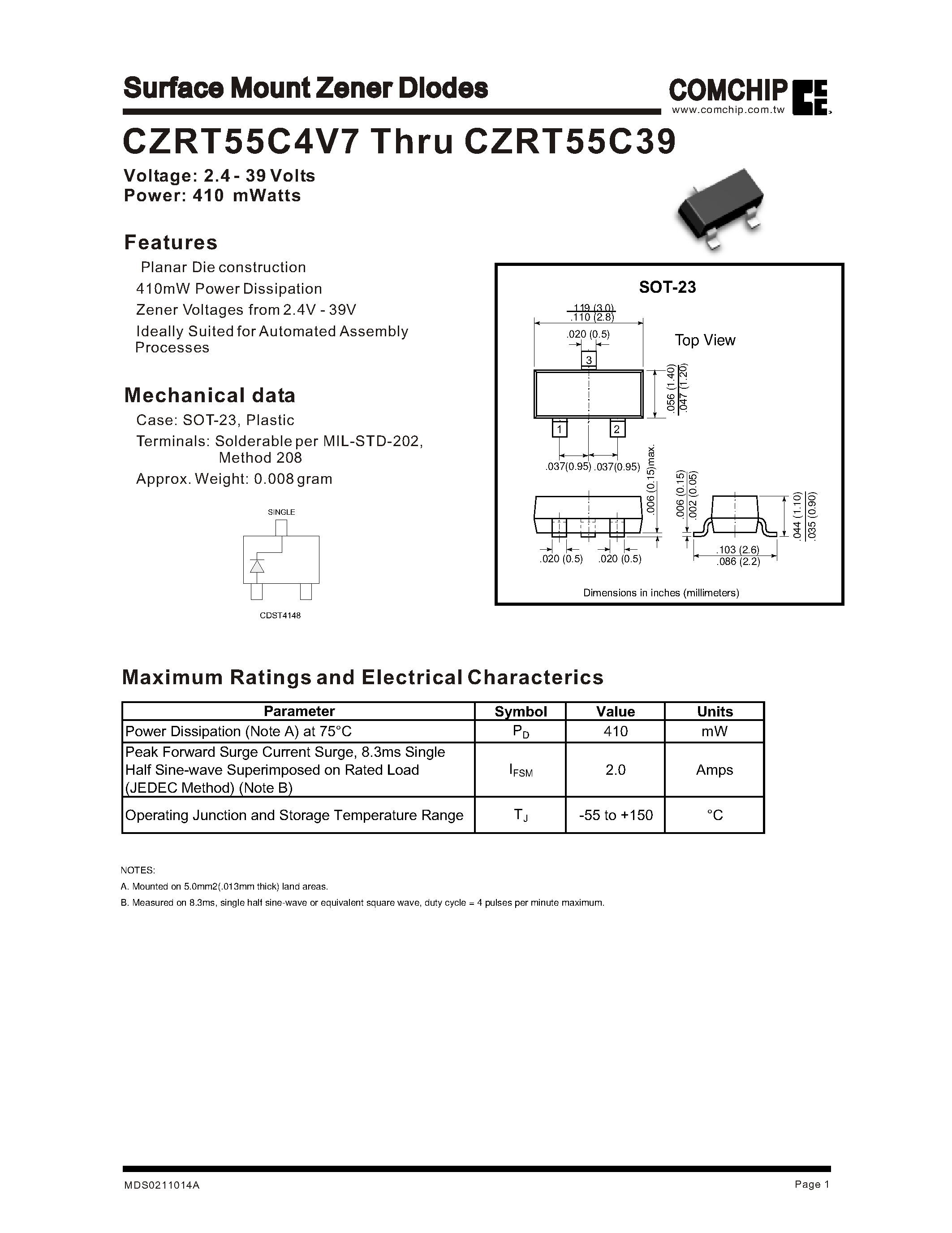 Даташит на микросхему CZRT55C5V6 страница 1 Даташит CZRT55C5V6 - Surface Mount Zener Diodes страница 1
