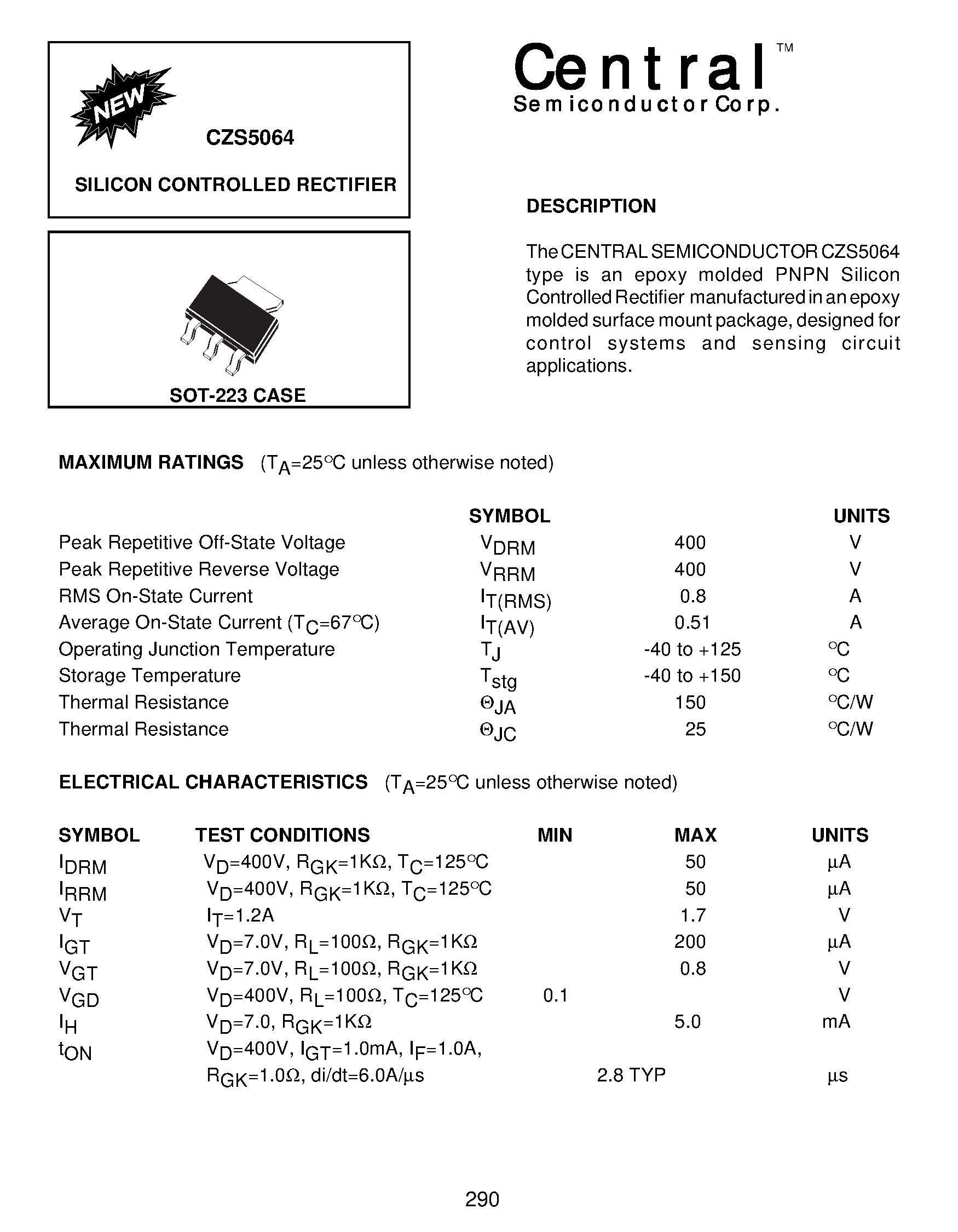 Datasheet CZS5064 page 1 Datasheet CZS5064 - SILICON CONTROLLED RECTIFIER page 1