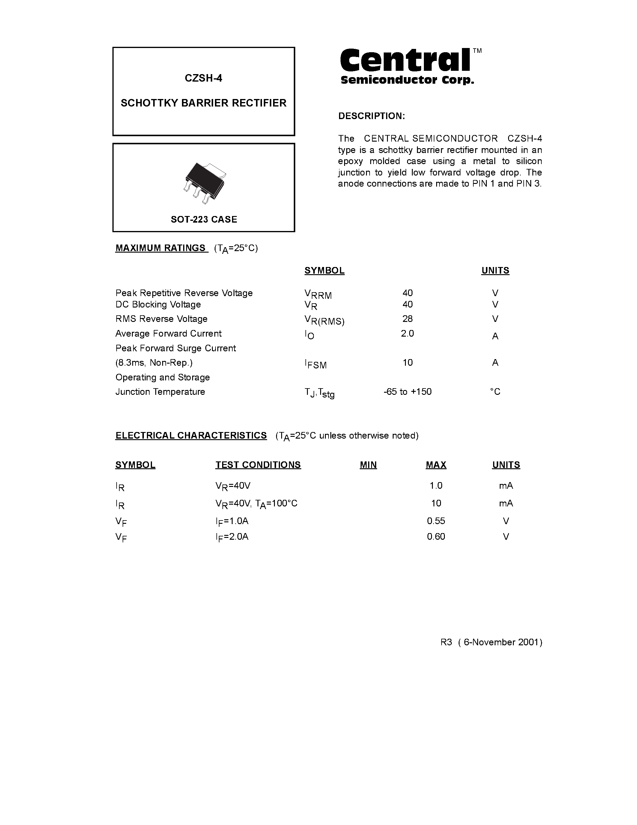 Datasheet CZSH-4 page 1 Datasheet CZSH-4 - SCHOTTKY BARRIER RECTIFIER page 1