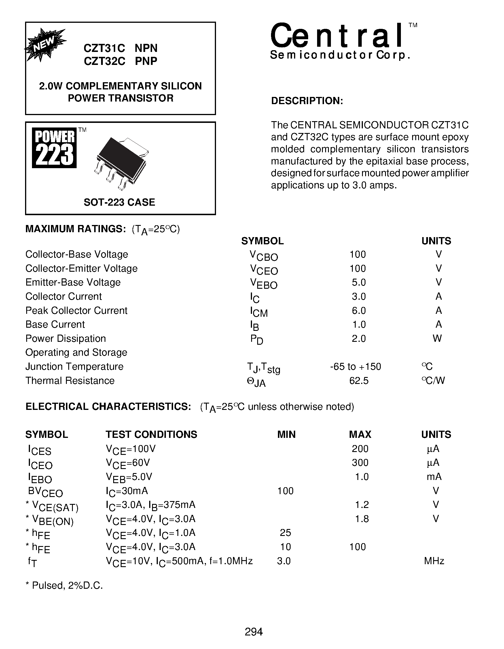 Даташит CZT32C - 2.0W COMPLEMENTARY SILICON POWER TRANSISTOR страница 1