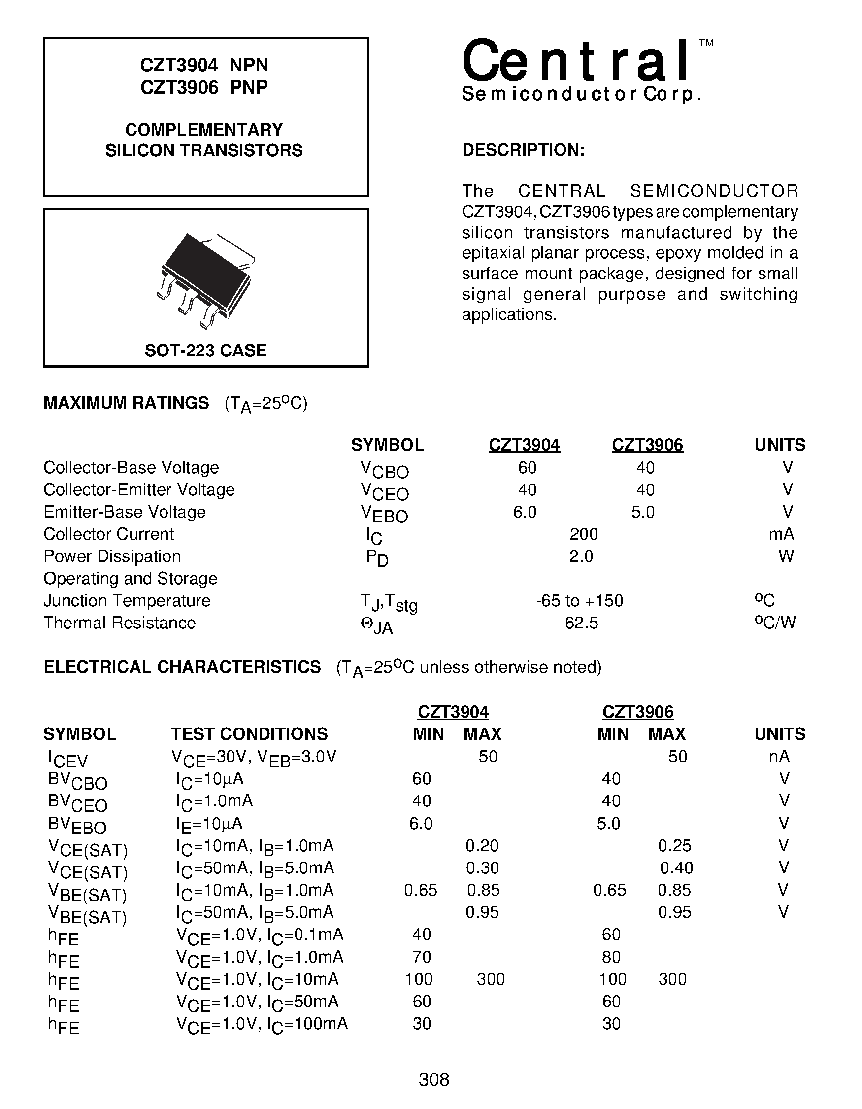 Даташит CZT3904NPN - COMPLEMENTARY SILICON TRANSISTORS страница 1