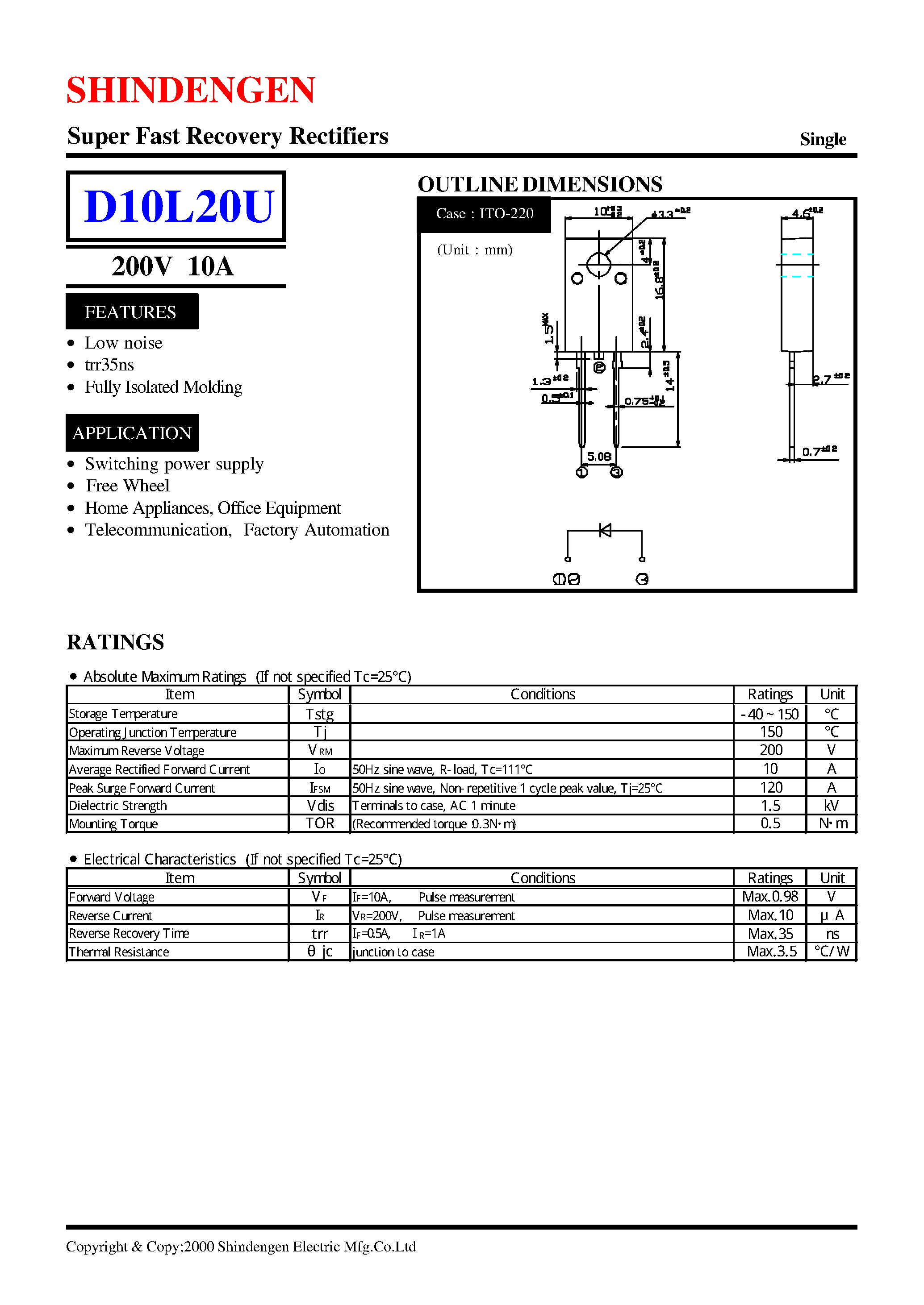Datasheet D10L20U page 1 Datasheet D10L20U - Super Fast Recovery Rectifiers(200V 10A) page 1