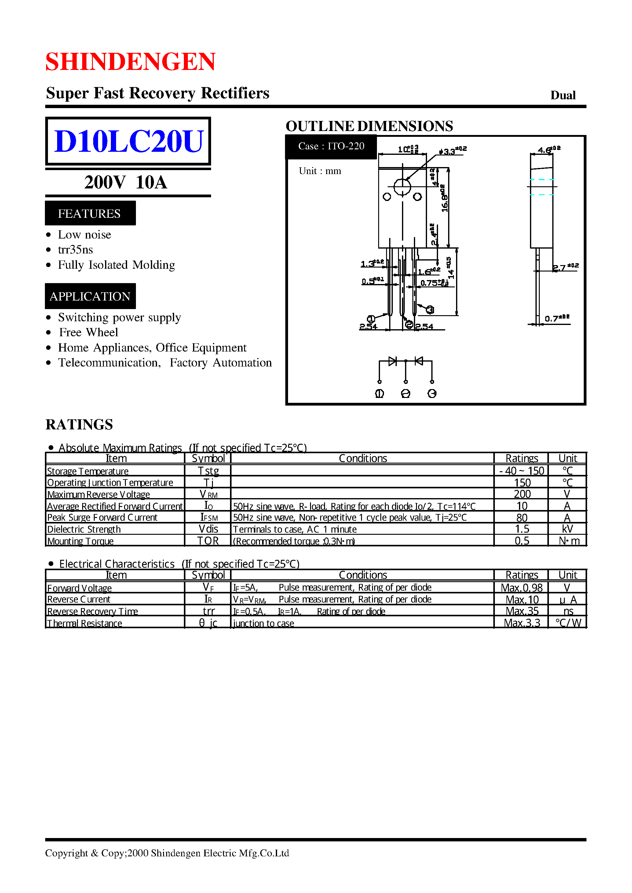 Datasheet D10LC20 page 1 Datasheet D10LC20 - Super Fast Recovery Rectifiers(200V 10A) page 1