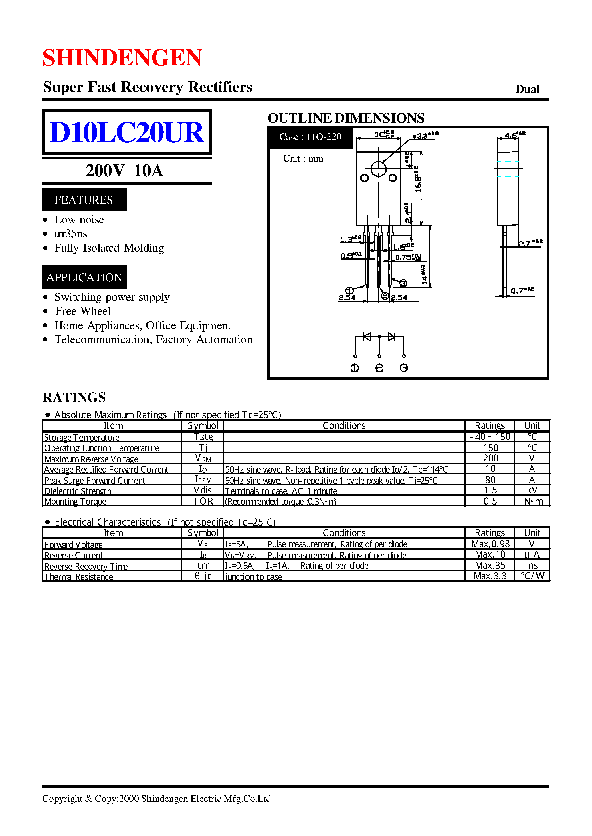 Datasheet D10LC20UR page 1 Datasheet D10LC20UR - Super Fast Recovery Rectifiers(200V 10A) page 1