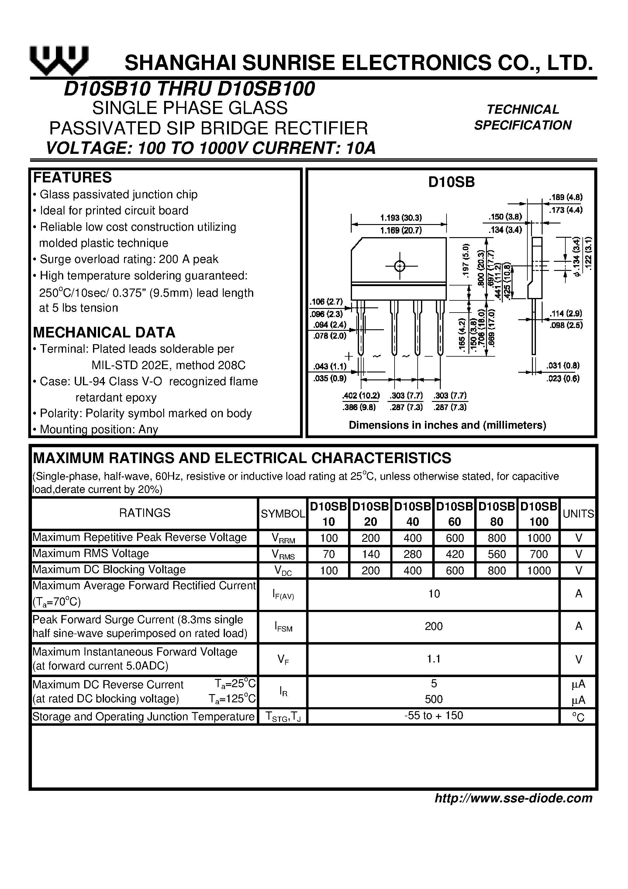 Datasheet D10SB20 page 1 Datasheet D10SB20 - SINGLE PHASE GLASS PASSIVATED SIP BRIDGE RECTIFIER page 1