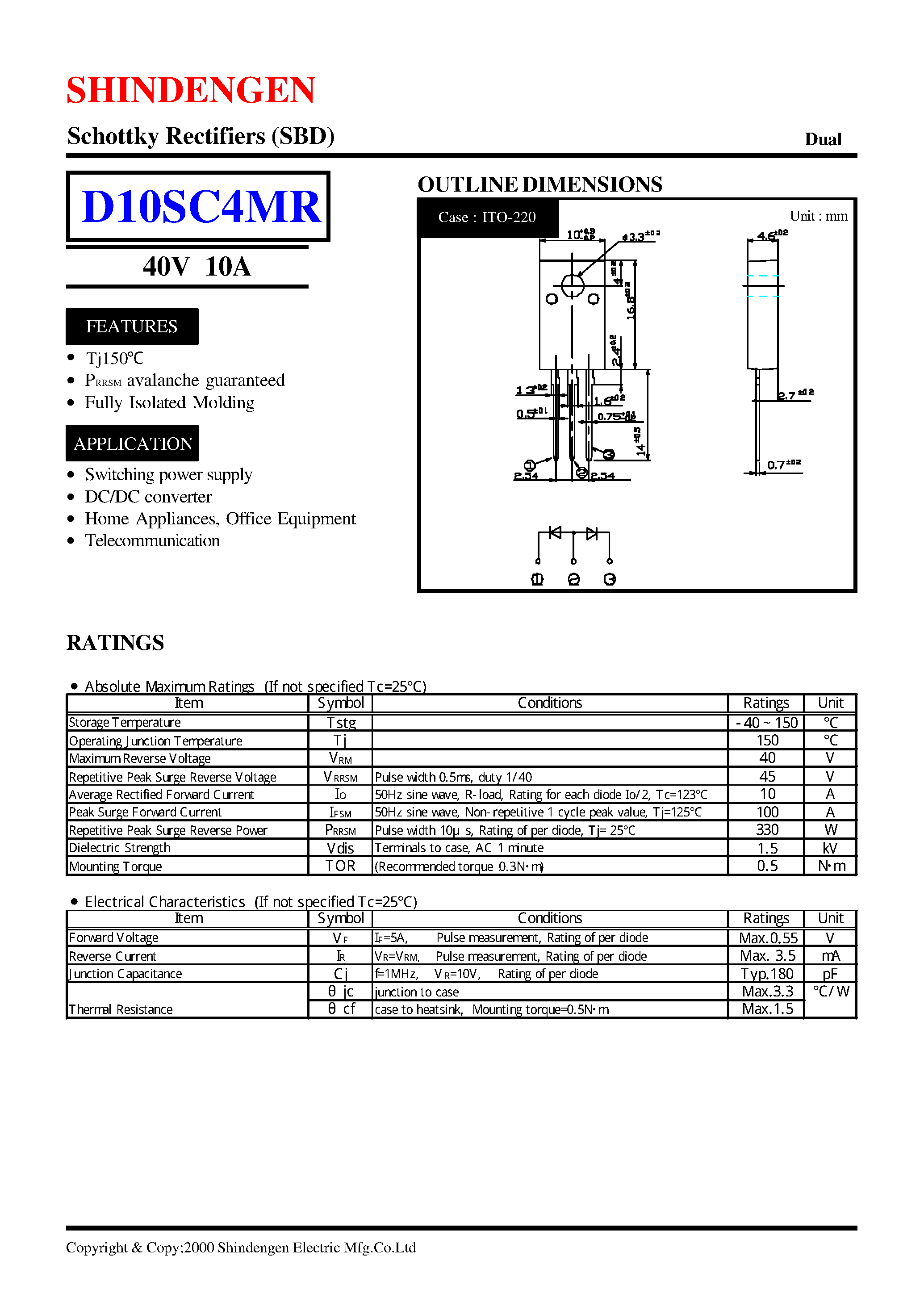 Datasheet D10SC4MR page 1 Datasheet D10SC4MR - Schottky Rectifiers (SBD) (40V 10A) page 1
