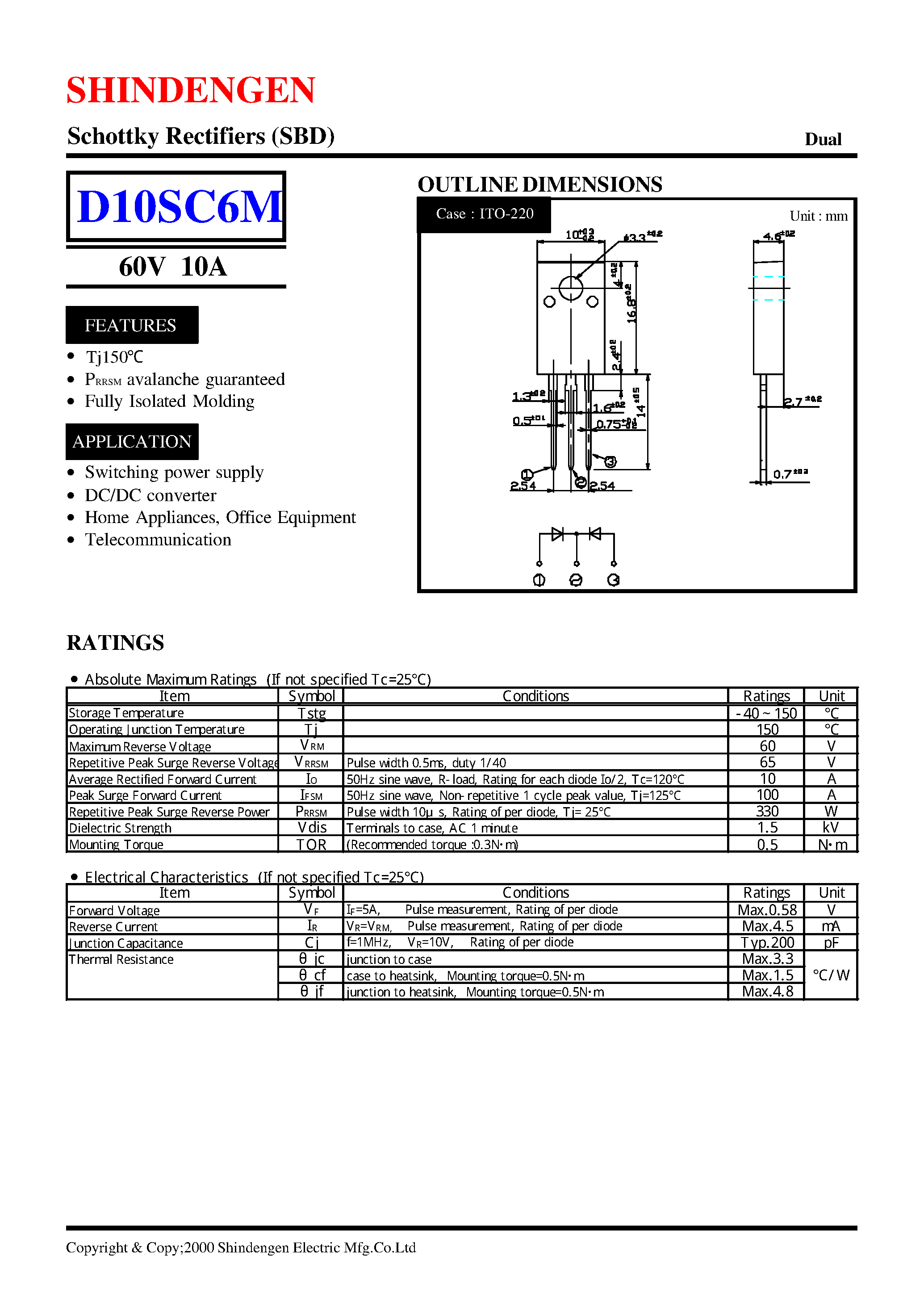 Datasheet D10SC6M page 1 Datasheet D10SC6M - Schottky Rectifiers (SBD) (60V 10A) page 1