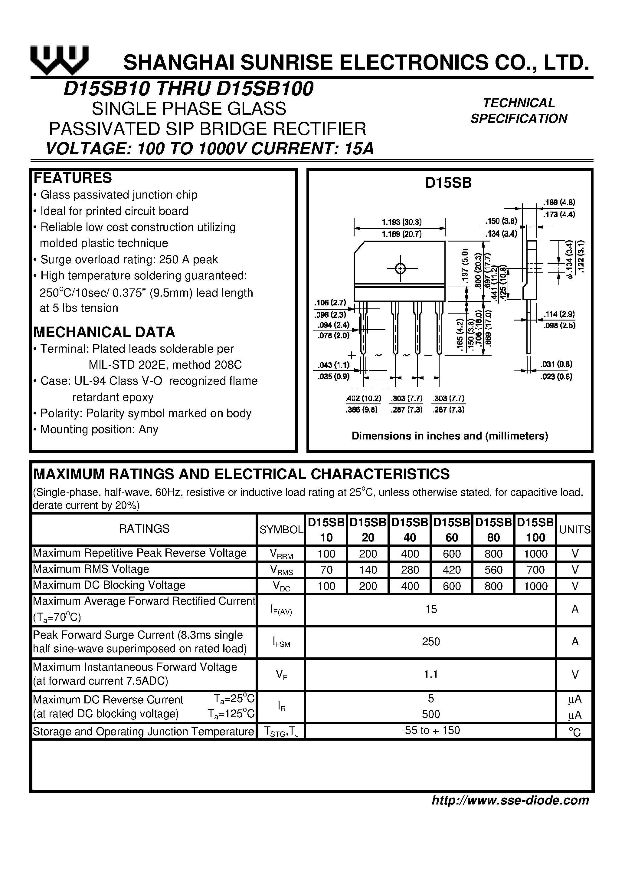 Datasheet D15SB60 page 1 Datasheet D15SB60 - 15A(SIP) BRIDGE RECTIFIERS page 1