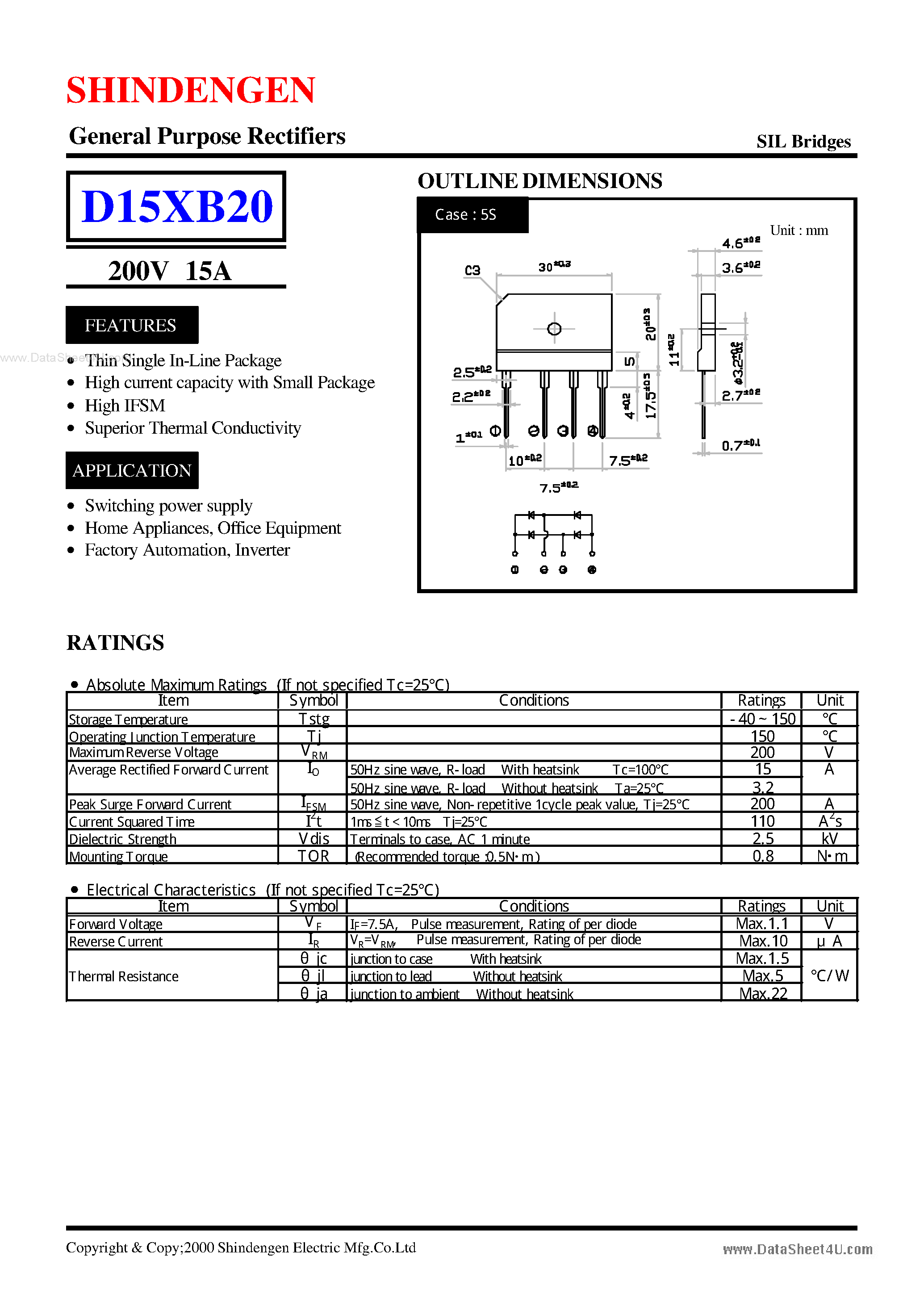 Datasheet D15XB20 page 1 Datasheet D15XB20 - General Purpose Rectifiers(200V 15A) page 1