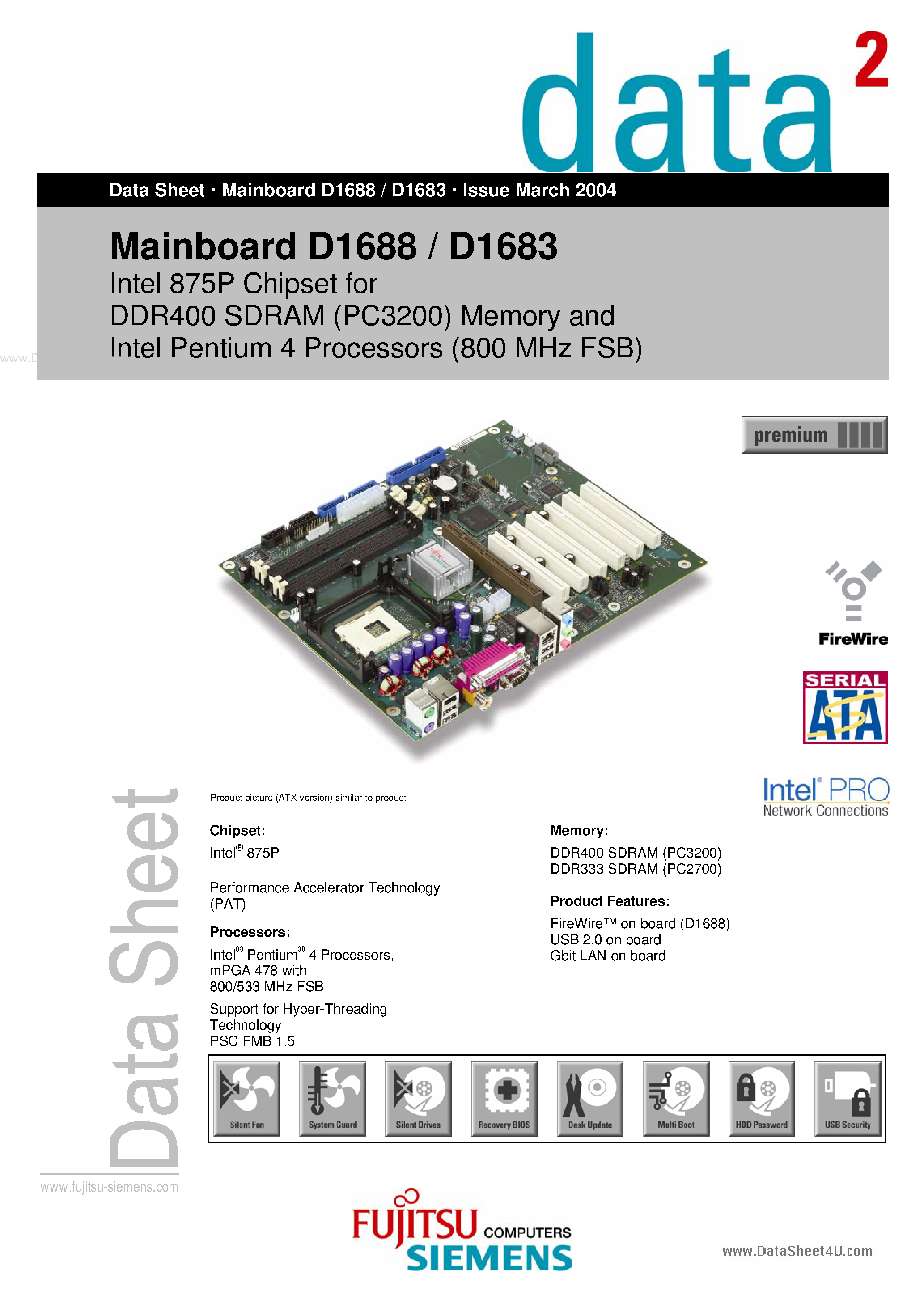 Datasheet D1688-A - Intel 875P Chipset DDR400 SDRAM (PC3200) Memory and Intel Pentium 4 Processors (800 MHz FSB) page 1